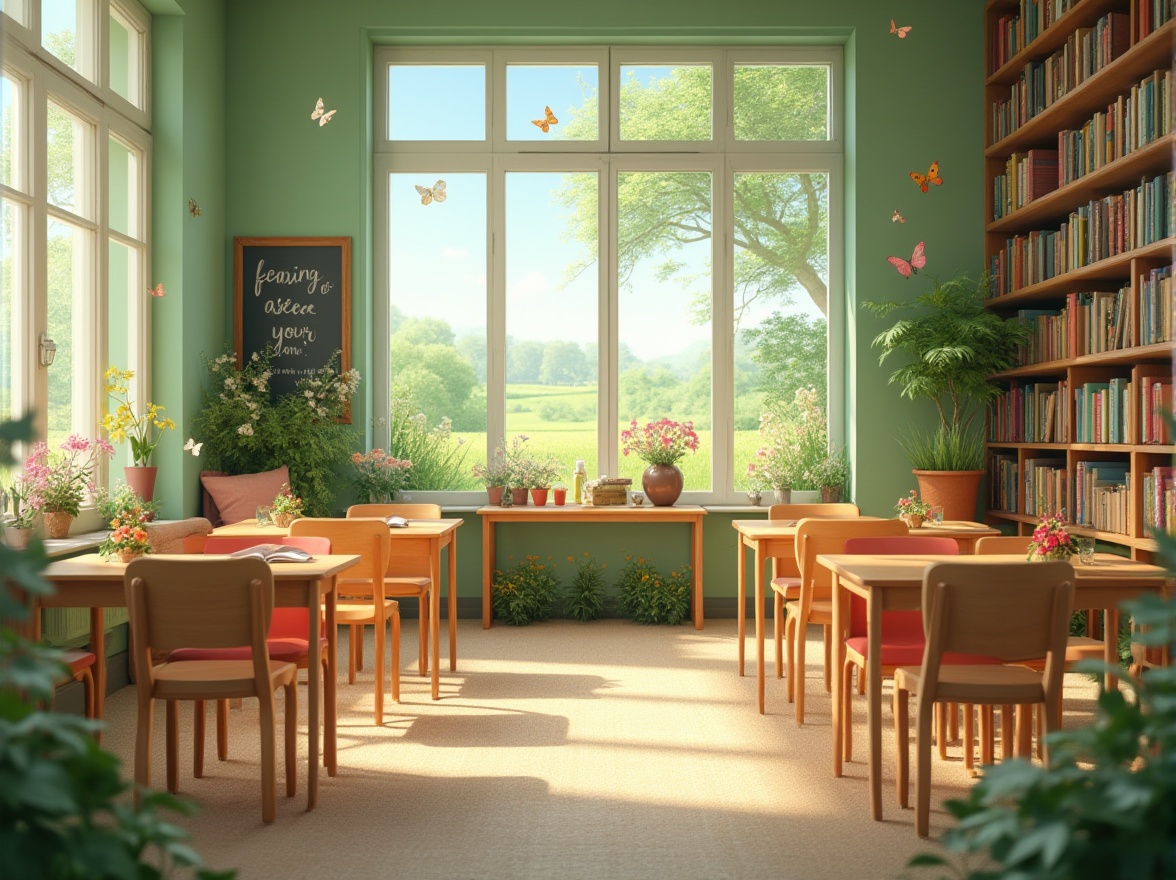 Prompt: Meadow-inspired classroom, bright and airy interior, natural light pouring in through large windows, soft green walls, wooden desks with curved legs, comfortable cushioned chairs, colorful flowers on tables, lively butterflies fluttering around, warm beige carpet, cozy reading nook with plush pillows, tall bookshelves filled with vibrant books, inspirational quotes on chalkboard, gentle breeze blowing through open windows, sunny day outside, lush green meadow with wildflowers swaying gently in the wind, distant trees providing shade, serene and peaceful atmosphere, soft focus, warm lighting, 3/4 composition.