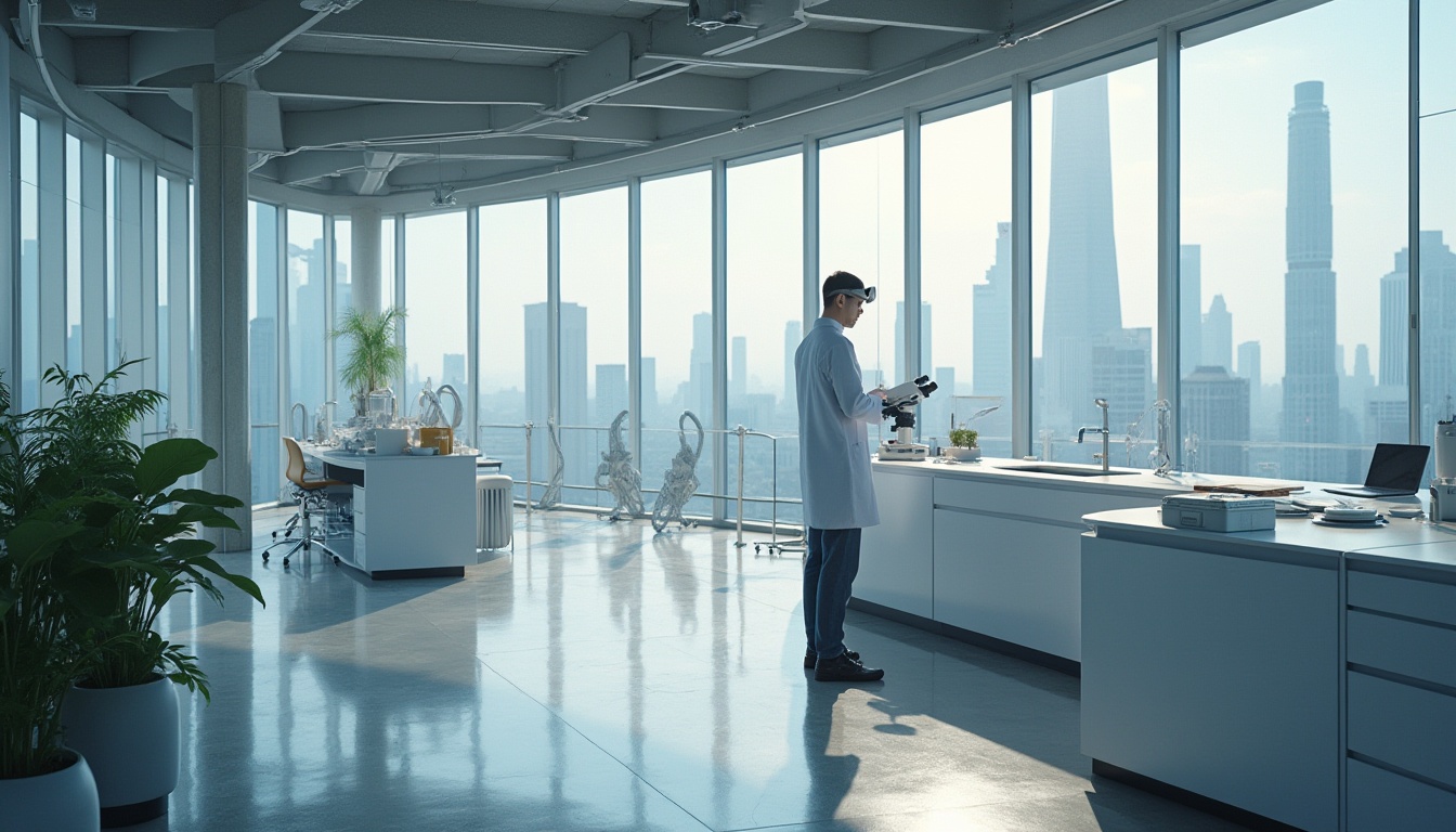 Prompt: Modern science center, urban minimalism, sleek architecture, glass facade, steel beams, concrete floors, minimalist decor, sparse furniture, futuristic lab equipment, scientist in a white coat, goggles on forehead, holding a microscope, standing near a large window with a cityscape view, skyscrapers in the background, sunny day, soft natural light, 3/4 composition, shallow depth of field, cinematic lighting, high contrast, HDR.