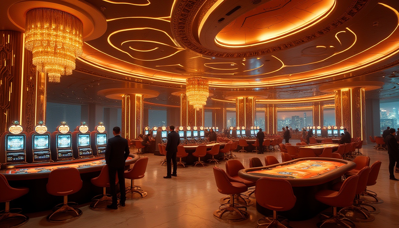 Prompt: Amber color palette, futuristic high-tech casino, luxurious interior design, warm golden lighting, sleek metal pillars, intricate circuit patterns on walls, holographic screens displaying jackpot numbers, rows of slot machines with glowing amber buttons, high-stakes poker tables with amber felt, flashy amber neon signs reading "Jackpot" and "VIP", lavish amber chandeliers hanging from ceiling, polished marble floors reflecting warm light, elegant amber-hued cocktail bars, sophisticated players dressed in formal attire, dramatic cityscape view through floor-to-ceiling windows, nighttime, vibrant urban atmosphere, cinematic composition, HDR.