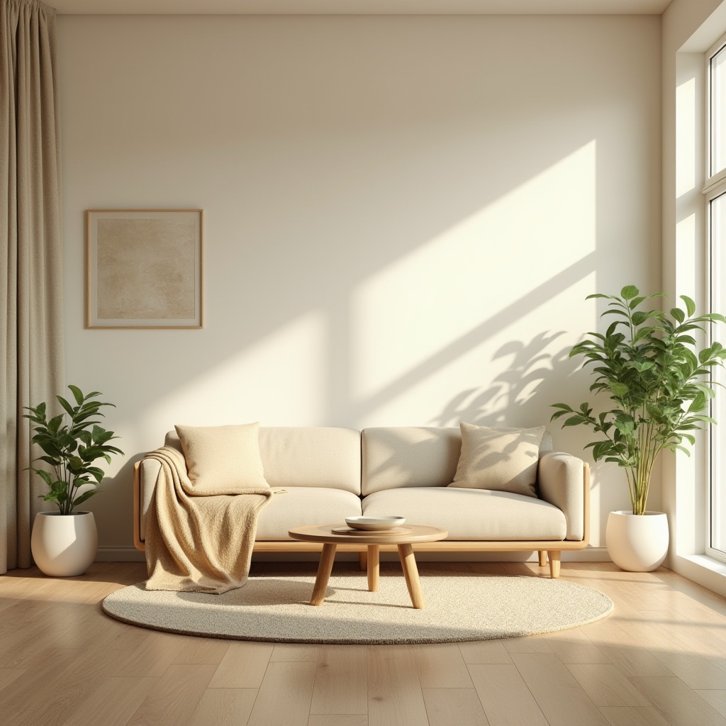 Prompt: Cream-colored walls, soft gentle lighting, calming atmosphere, modern minimalist interior design, wooden floor, comfortable sofa, warm beige throw blanket, round coffee table, simple yet elegant decoration, lush green plants, subtle scent of essential oils, peaceful ambiance, quiet morning, natural light pouring in through large windows, gentle shadows, 3/4 composition, warm and cozy tone.