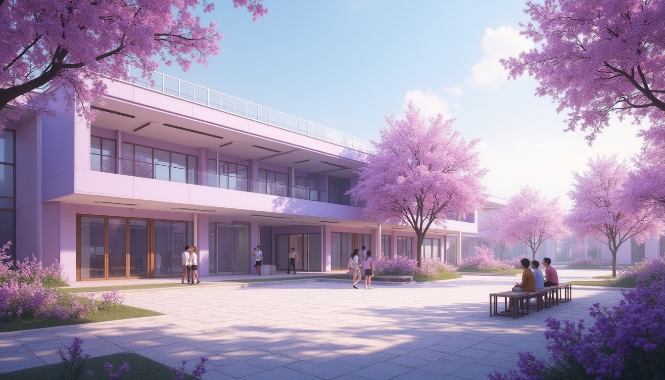 Prompt: Lilac-colored school building, modern architecture, clean lines, minimalist design, large windows, natural light pouring in, lilac-hued glass roof, open courtyard, greenery surroundings, vibrant lilac flowers blooming, students chatting on benches, warm afternoon sunlight, gentle shadows, 3/4 composition, soft focus, pastel color palette, serene atmosphere, educational environment.