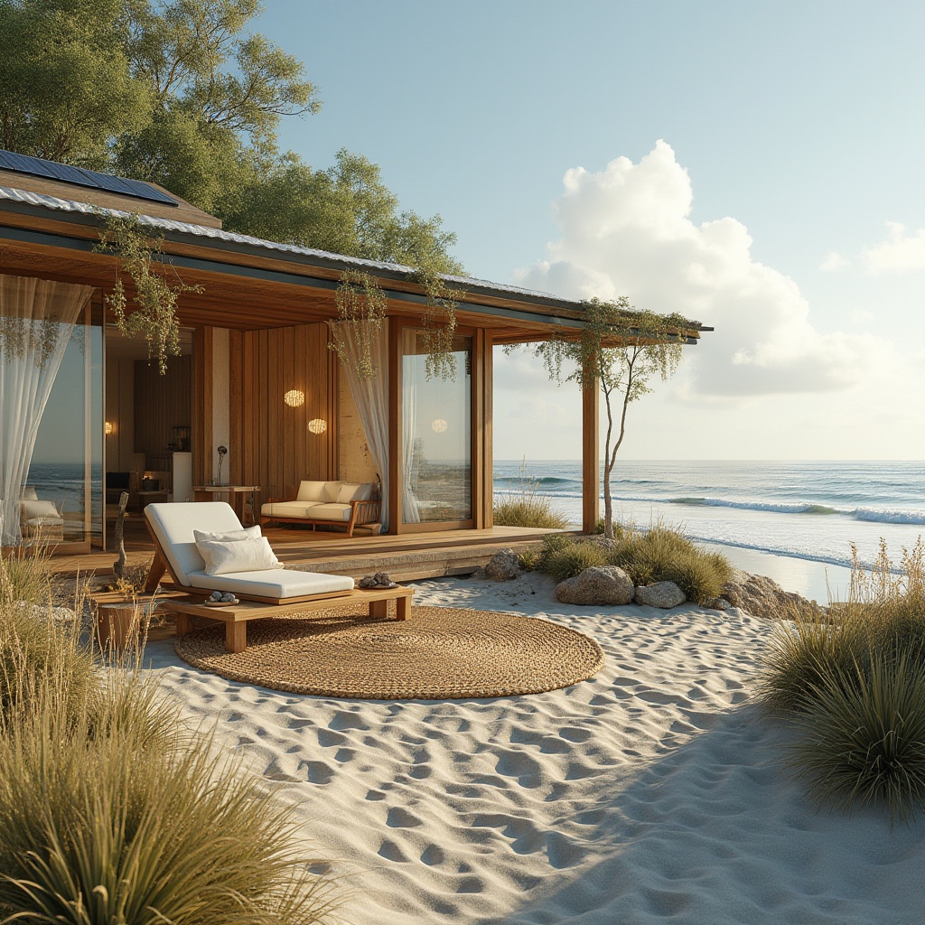 Prompt: Beach house, sustainable design, eco-friendly materials, reclaimed wood, solar panels, green roof, large windows, natural ventilation, minimalist decor, driftwood furniture, woven sea grass rug, shell-inspired lighting fixtures, ocean views, serene atmosphere, warm sandy dunes, beachy landscape, sunny weather, gentle breeze, soft morning light.