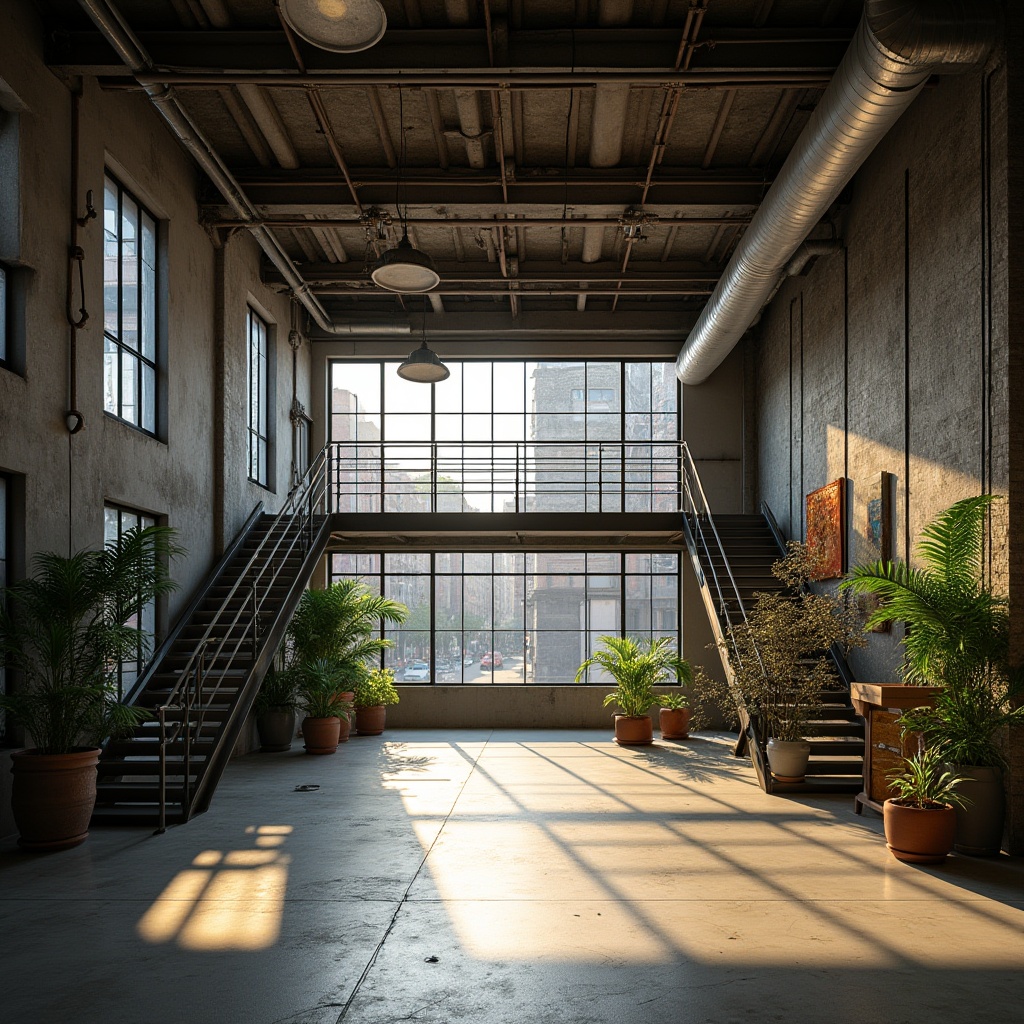 Prompt: Functional industrial space, converted warehouse, high ceiling, exposed ductwork, metal beams, polished concrete floor, modern minimalist decor, sleek metal staircase, industrial chic lighting, urban loft atmosphere, 3/4 composition, dramatic low-angle shot, warm ambient light, afternoon sunbeam, subtle shadows, vibrant greenery, potted plants, reclaimed wood accents, steel windows, cityscape view, bustling street scene.