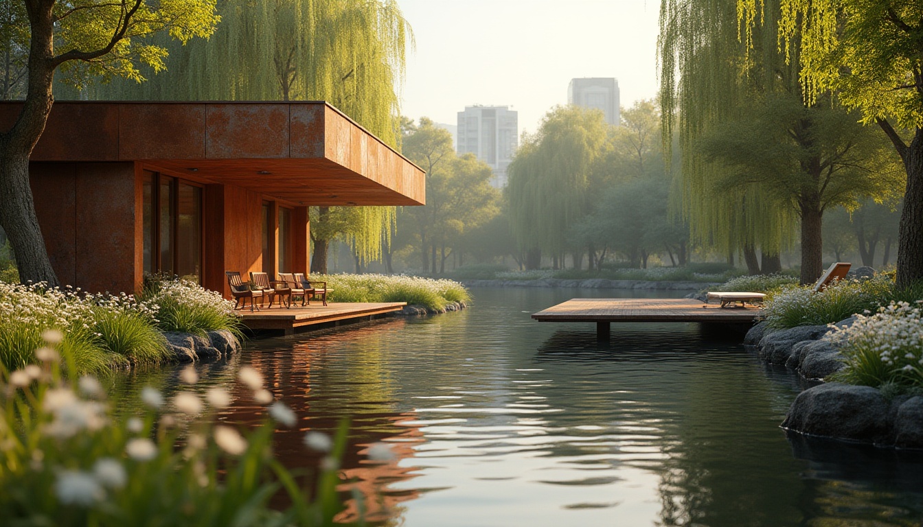 Prompt: Copper material, riverbank designs, modern architecture, sleek lines, reflective surfaces, rusty patina, natural blending, tranquil atmosphere, scenic riverside, lush greenery, weeping willows, blooming wildflowers, wooden docks, gentle ripples, warm sunlight, soft shadows, 3/4 composition, depth of field, ambient lighting.