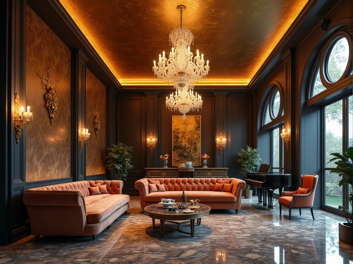 Prompt: Eclectic hotel lobby, luxurious velvet sofa, gold leaf patterned wallpaper, modern chandelier, grand piano, marble floors, ornate mirrors, abstract artwork, boutique hotel, afternoon tea, warm lighting, soft focus, 3/4 composition, high-end material, intricate texture.