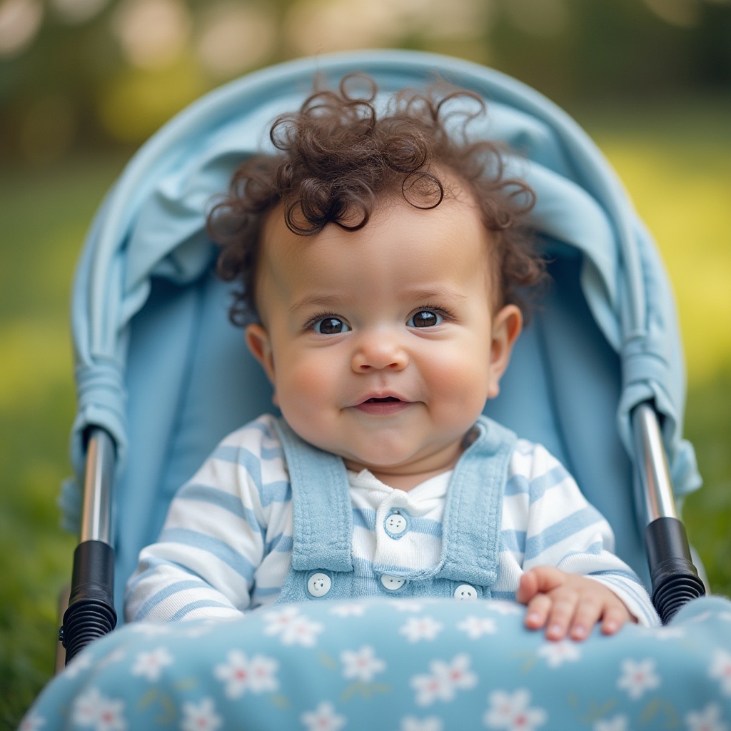 Prompt: baby, trendy fashion, blue color tone, cute facial expression, soft curly hair, rosy cheeks, white onesie with blue stripes, baby shoes, sitting in a stroller, holding a toy, flower-patterned blanket, sunny day, outdoor scene, green grass, blooming flowers, warm lighting, shallow depth of field.