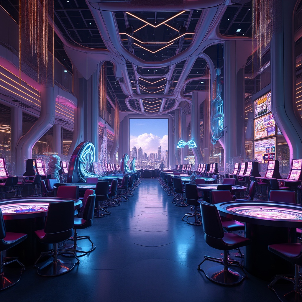 Prompt: Futuristic casino, high-tech ambiance, innovative plasticrete architecture, neon lights reflecting off polished surfaces, sleek lines, angular shapes, LED screens displaying flashy graphics, luxurious chandeliers, VIP lounges, slot machines with glowing buttons, roulette tables with holographic projections, high-stakes poker rooms, floor-to-ceiling windows overlooking city skyline, metallic accents, glossy floors, avant-garde sculptures, abstract art installations, ambient electronic music, spotlights highlighting architectural details, cinematic composition, HDR, 3/4 view.