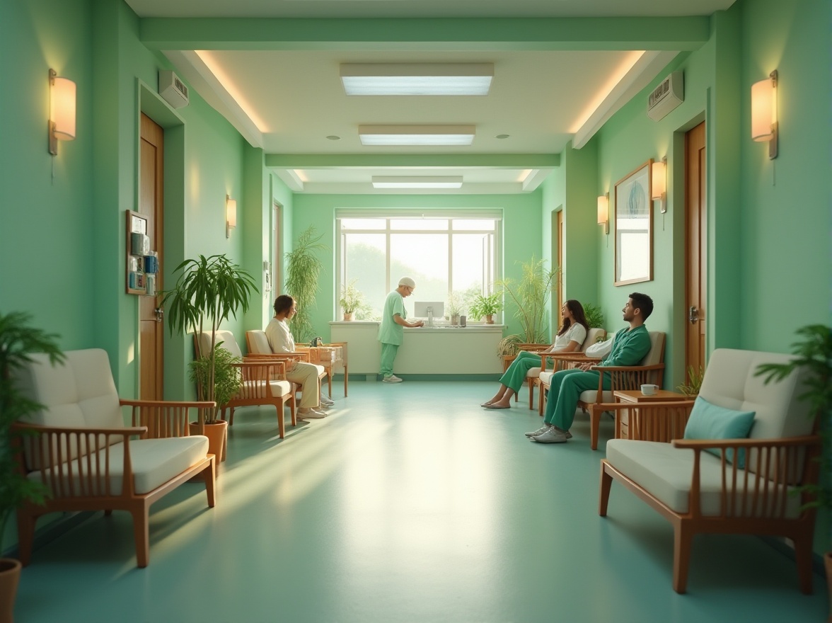 Prompt: Calming hospital corridor, green walls, natural plants, wooden furniture, comfortable seating area, soft cushions, gentle lighting, peaceful atmosphere, medical equipment, doctor's desk, waiting patients, green uniforms, subtle texture, matte finish, natural wood tone, warm ambiance, calming colors, serene composition, 3/4 view, soft focus.