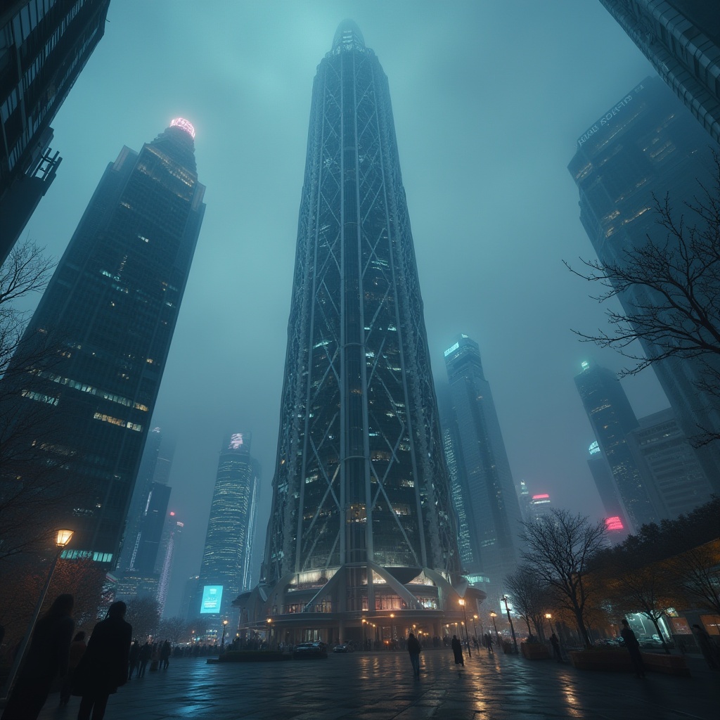 Prompt: Futuristic skyscraper, watching tower, sleek metal exterior, intricate circuit patterns, neon lights, towering high above cityscape, metropolitan area, night scene, foggy atmosphere, misty ambient lighting, dramatic low-angle shot, 3/4 composition, sharp edges, metallic reflections, modern architecture, urban landscape, bustling streets below, pedestrians in motion, blurred background, cinematic mood.