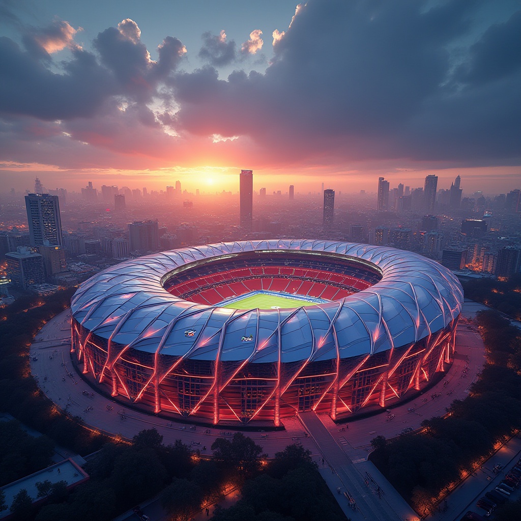 Prompt: Modern stadium, vibrant color scheme, bold geometric patterns, dynamic LED lights, sleek metallic structure, angular lines, futuristic design, urban landscape, city skyline, sunset ambiance, dramatic shadows, low-angle shot, 3/4 composition, warm lighting, atmospheric haze, intense crowd energy.