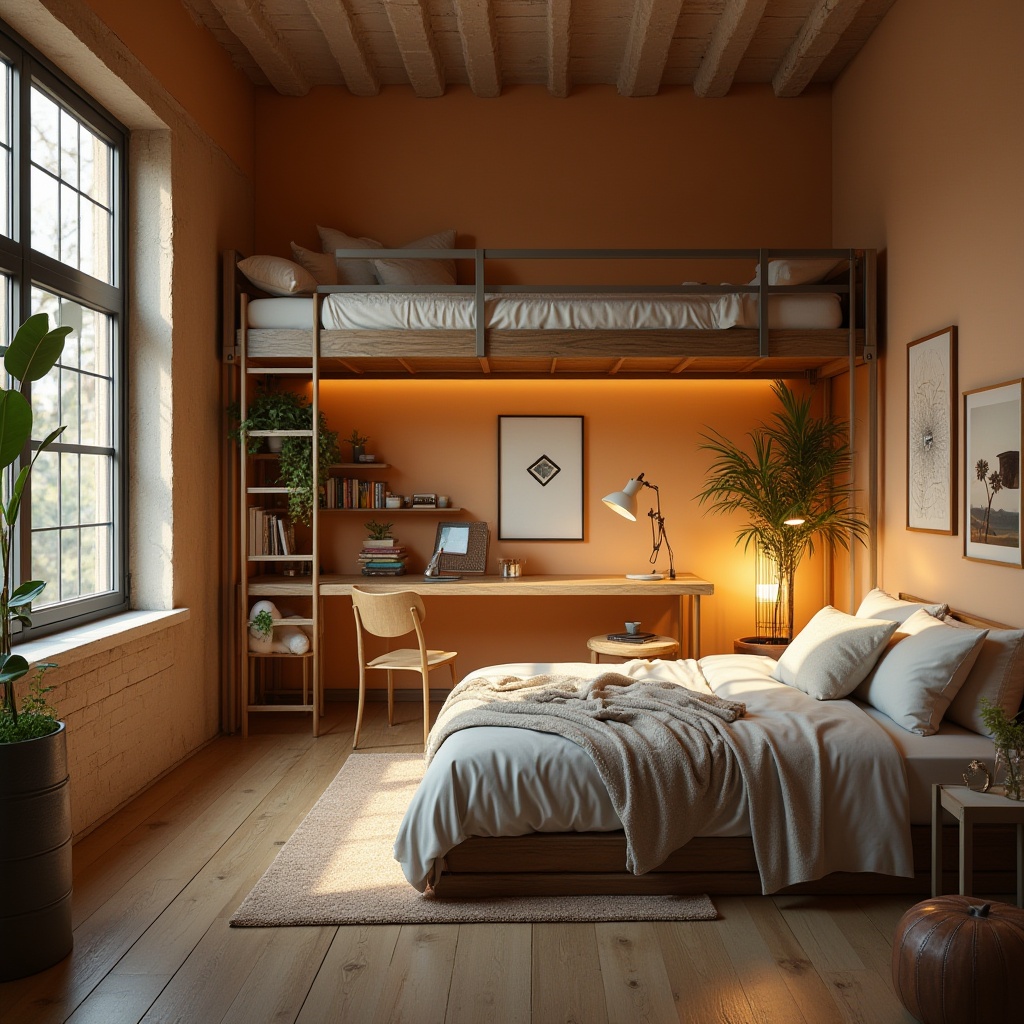 Prompt: Industrial dorm interior, Sienna color walls, warm beige tone, wooden furniture, metal frames, cozy atmosphere, softbox lighting, comfortable bedding, plush pillows, minimalist decor, modern industrial style, urban loft vibe, warm natural light, 3/4 composition, shallow depth of field, inviting ambiance, realistic textures.