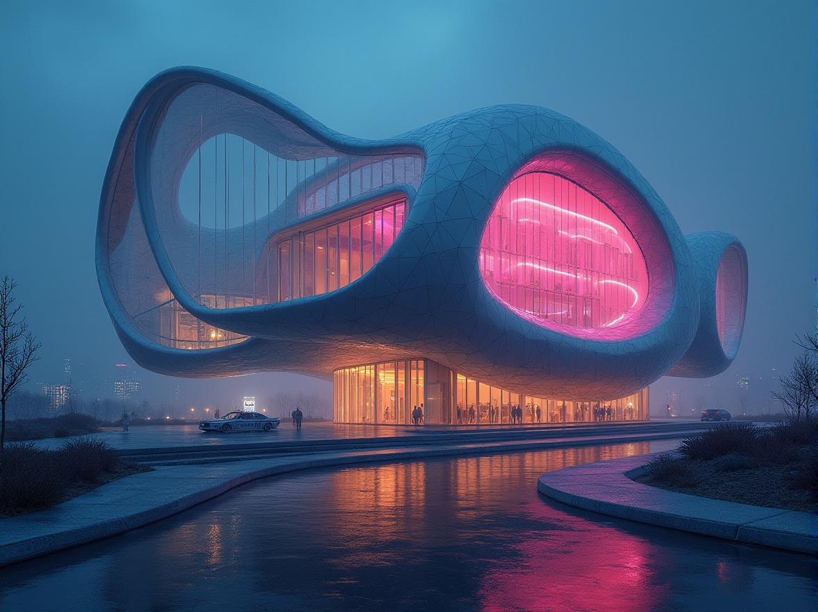 Prompt: Futuristic building, experimental architecture, polycarbonate materials, transparent walls, iridescent reflections, glowing neon lights, complex geometric structure, curvaceous lines, angular shapes, urban cityscape, night scene, misty atmosphere, dramatic lighting, bold composition, 3/4 view, high contrast, vivid colors.