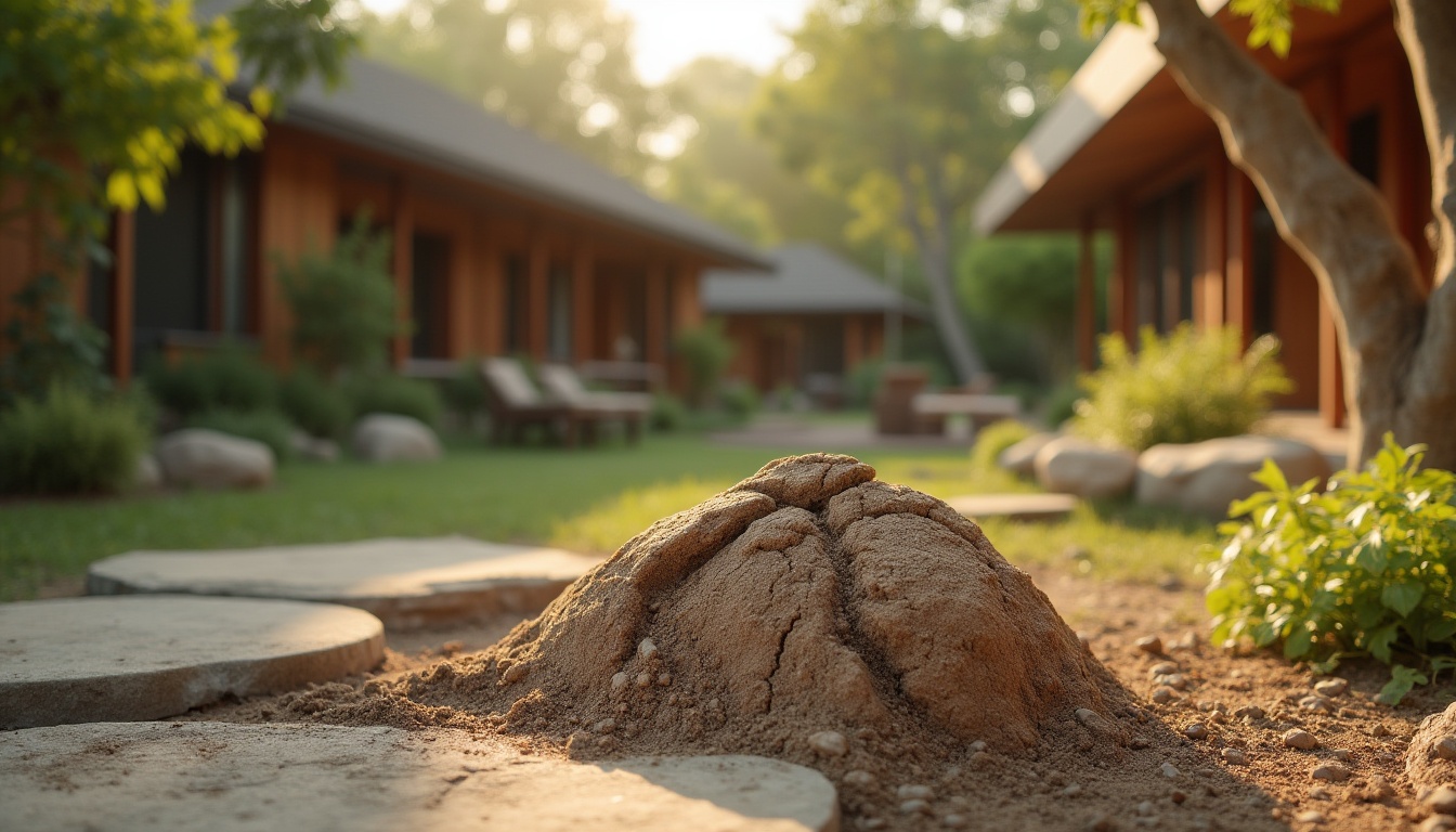 Prompt: Natural, earthy, mud material, organic texture, rough surface, natural cracks, brown color, irregular shape, architectural design, modern villa, backyard garden, greenery surroundings, wooden accents, stone pathway, outdoor seating area, warm afternoon lighting, soft focus, cinematic composition, shallow depth of field.