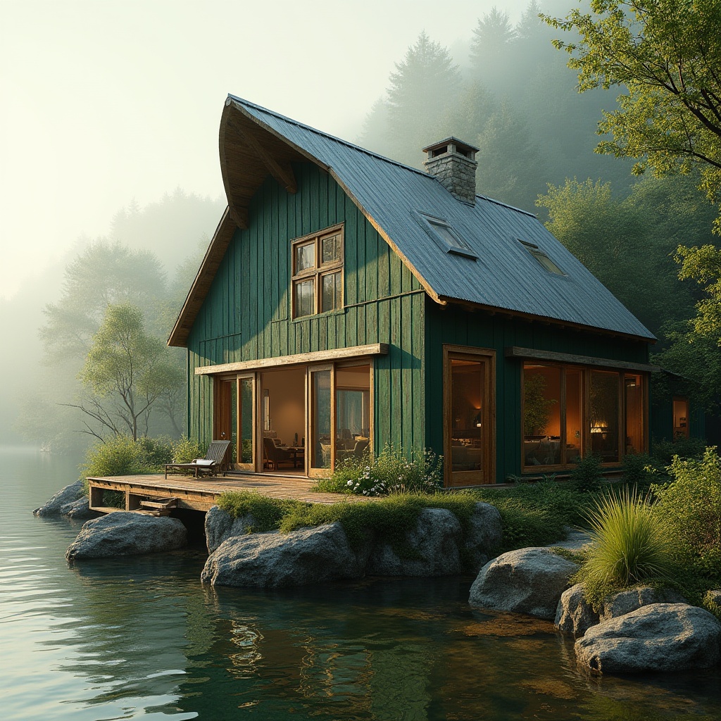 Prompt: Lakefront barn, green architecture, rustic wooden exterior, corrugated metal roof, large windows, sliding glass doors, natural stone foundation, lush greenery surroundings, overhanging eaves, reclaimed wood accents, earthy tone color scheme, serene lake views, misty morning atmosphere, soft golden lighting, 3/4 composition, symmetrical framing, shallow depth of field.