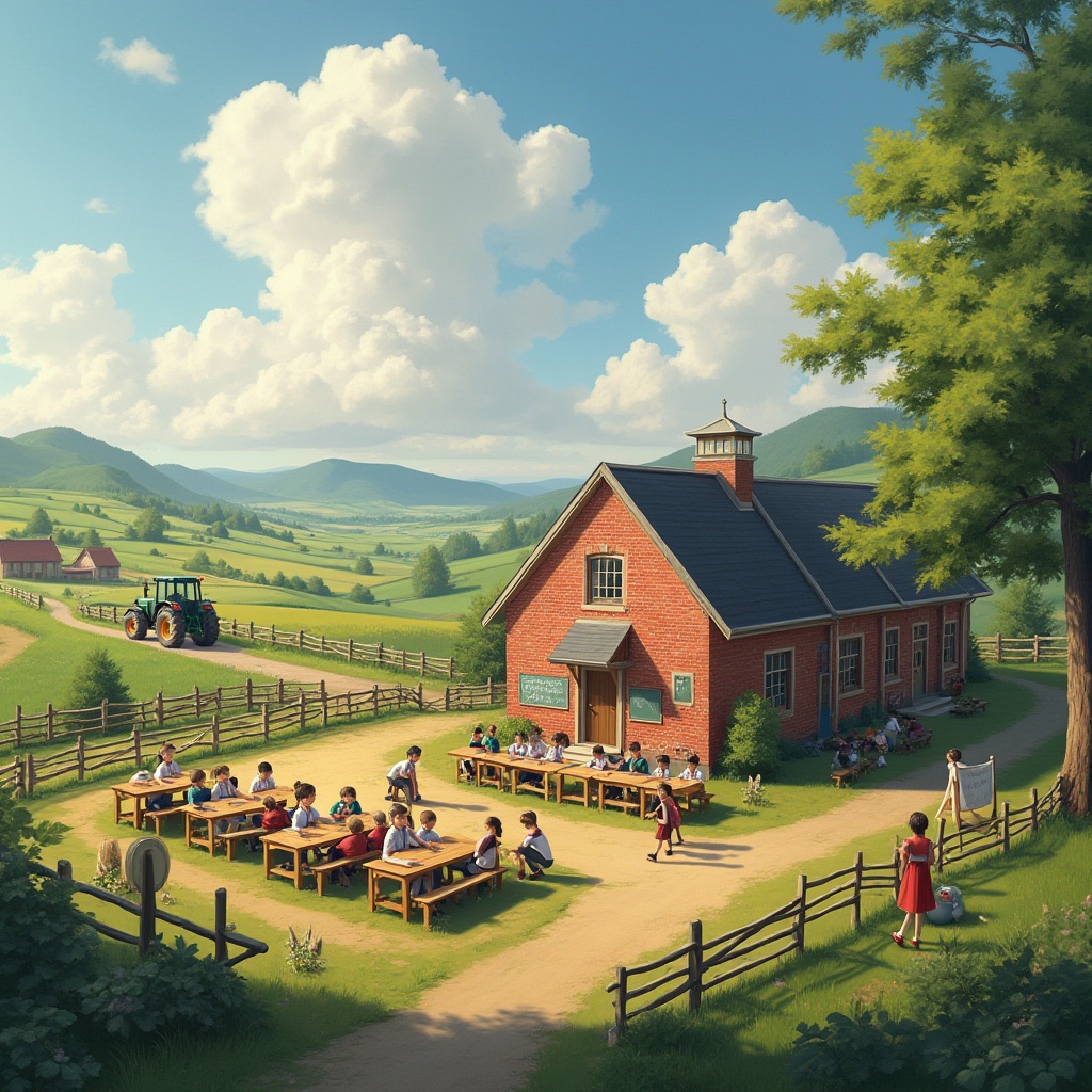 Prompt: Rural school, farmland setting, countryside landscape, green hills, vast fields, wooden fences, old trees, educational building, red brick walls, sloping roofs, large windows, natural lighting, interior classroom, wooden desks, chalkboards, students in uniform, teacher standing, blackboard writing, outdoor playground, swings, slides, seesaws, rural road, distant farmhouse, tractor driving by, sunny day, fluffy white clouds, warm light, peaceful atmosphere, 3/4 composition, soft focus, shallow depth of field.