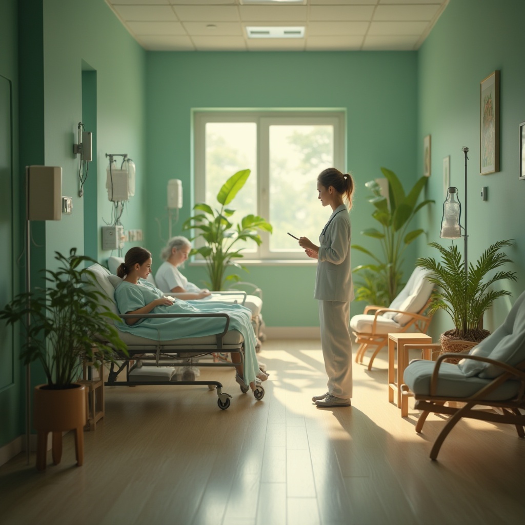 Prompt: calm hospital interior, green walls, natural plants, wooden furniture, soft cushions, gentle nurse, stethoscope around neck, warm lighting, relaxed atmosphere, patients recovering, medical equipment, IV drips, wheelchairs, peaceful ambiance, nature-inspired decor, earthy tones, minimalistic design, subtle texture, calming mood, serene composition, shallow depth of field.