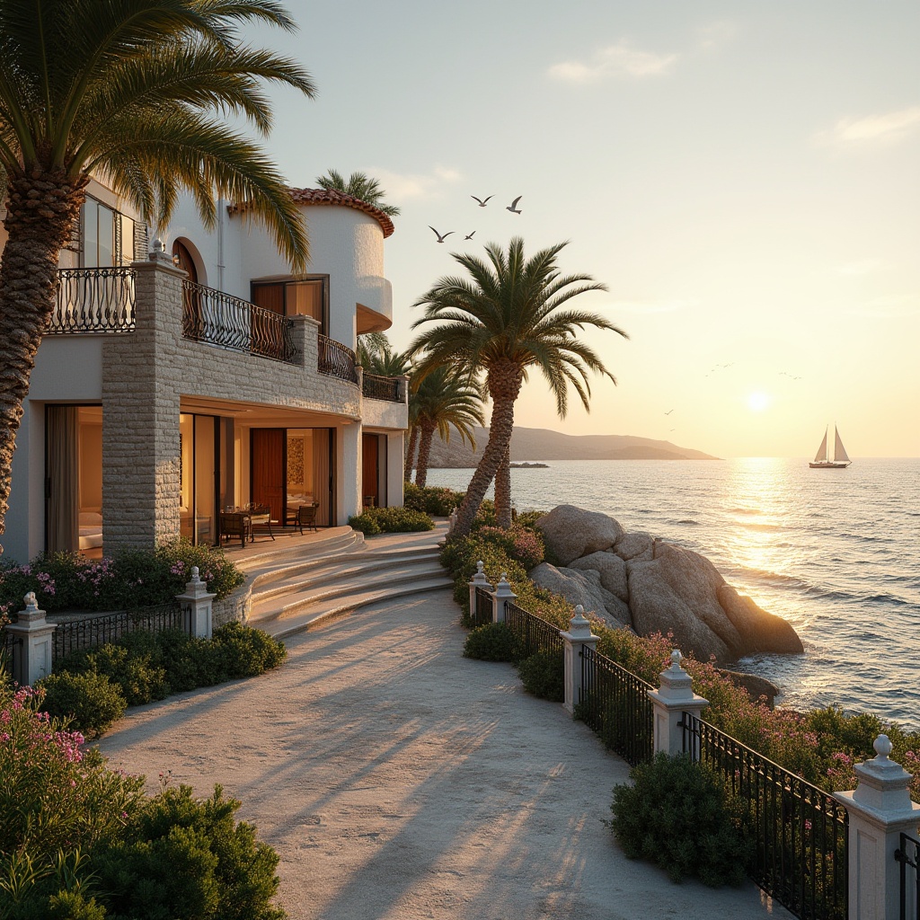 Prompt: Coastal villa, modern-traditional fusion, Mediterranean style, white stone walls, curved lines, large windows, wooden shutters, terracotta roof tiles, lush greenery, palm trees, bougainvillea, beach view, sunset time, warm golden light, soft waves crashing, seagulls flying overhead, distant sailboats, coastal pathway, rustic wooden fences, ornate metal railings, lantern-style outdoor lighting, intricate stone carvings, natural textures, earthy tones, panoramic view, 3/4 composition, cinematic atmosphere, dreamy ambiance.