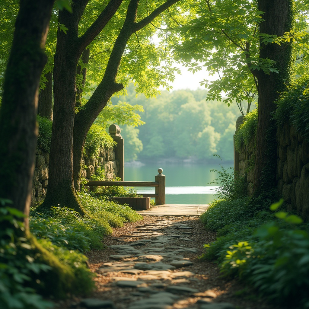 Prompt: Natural scenery, calm atmosphere, green dominant color palette, lush foliage, trees with thick trunks, vines crawling up walls, moss-covered stones, serene lake or river in the background, wooden dock or bridge, soft sunlight filtering through leaves, warm and cozy ambient lighting, 3/4 composition, shallow depth of field, natural textures, earthy tones, peaceful and harmonious atmosphere.