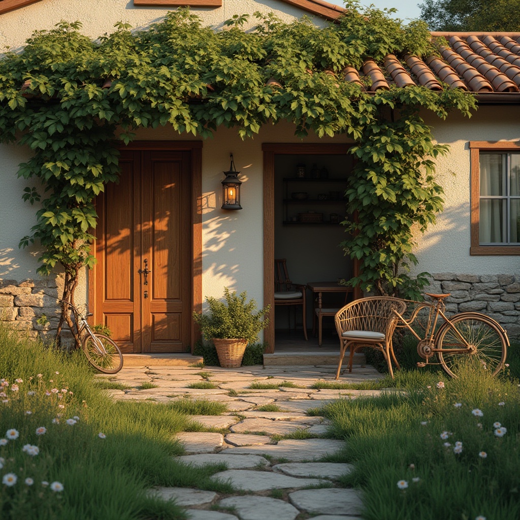 Prompt: Rural landscape, countryside villa, traditional wooden door, vines crawling up walls, rustic stone pathway, blooming wildflowers, lush green grass, vintage bicycle leaning against wall, woven wicker chairs on porch, cozy lantern hanging from roof, warm sunset light casting long shadows, peaceful atmosphere, natural texture, earthy color palette, serene composition, 3/4 view angle, soft focus, warm lighting.