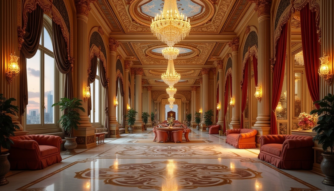 Prompt: Luxurious hotel interior, Byzantine style, lavish decorations, intricate mosaics, grand chandeliers, ornate furnishings, Lavacrete material accents, marble floors, gold leaf details, velvet drapes, majestic columns, arches, domed ceiling, warm ambient lighting, evening atmosphere, 3/4 composition, low-angle shot, soft focus on background.