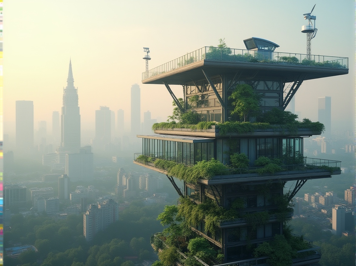 Prompt: Watching tower, sustainable practices, eco-friendly, green architecture, modern design, steel beams, glass façade, solar panels, wind turbines, recycled materials, energy-efficient systems, living walls, vertical gardens, birds' nests, natural habitats preservation, panoramic view, urban landscape, city skyline, morning mist, soft lighting, cinematic composition.