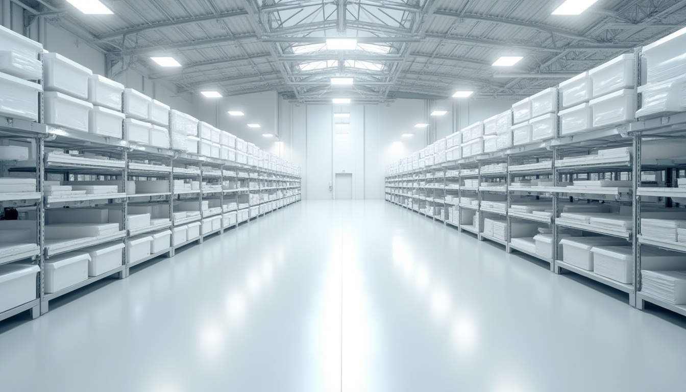 Prompt: White distribution center, modern interior design, bright white walls, polished steel shelves, spotless floors, rows of neatly organized storage bins, fluorescent lights, high ceiling, minimalist aesthetic, 3/4 composition, softbox lighting, calm atmosphere, industrial chic, empty space, waiting for product placement, shallow depth of field, neutral background.