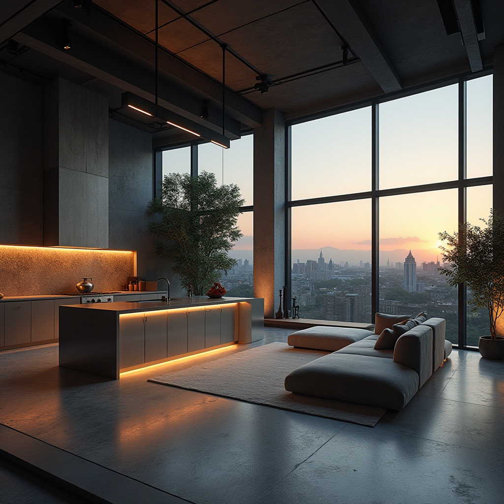 Prompt: Modern expressionism home, incorporating steel materials, angular lines, industrial chic, futuristic vibes, large windows, steel beams, minimalist interior, sleek kitchen island, stainless steel appliances, polished concrete floor, geometric patterns, avant-garde furniture, dramatic lighting, high ceiling, urban landscape view, cityscape at dusk, warm golden light, cinematic composition, 3/4 shot, low-angle perspective.