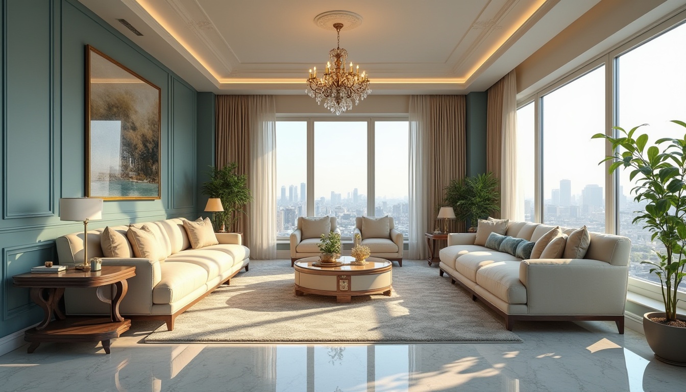 Prompt: Luxurious hotel interior, periwinkle accent walls, elegant chandelier, soft cream-colored sofas, velvety pillows, marble floors, ornate wooden furniture, subtle patterned rugs, floor-to-ceiling windows, cityscape view, morning sunlight, warm lighting, 3/4 composition, shallow depth of field, modern minimalist style, high-end ambiance.