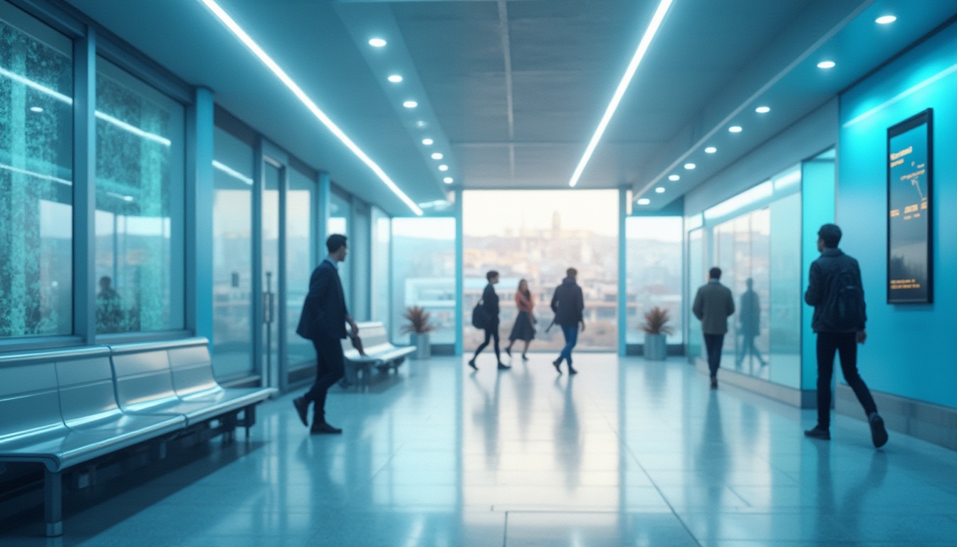 Prompt: Modern train station, light blue walls, bright LED ceiling lights, sleek metal benches, minimalist advertisements, quiet atmosphere, morning rush hour, people walking quickly, soft indirect lighting, 3/4 composition, shallow depth of field, abstract blur background, vibrant light blue accents, glass and steel structures, urban landscape, cityscape views through large windows, natural daylight pouring in, warm and inviting ambiance.