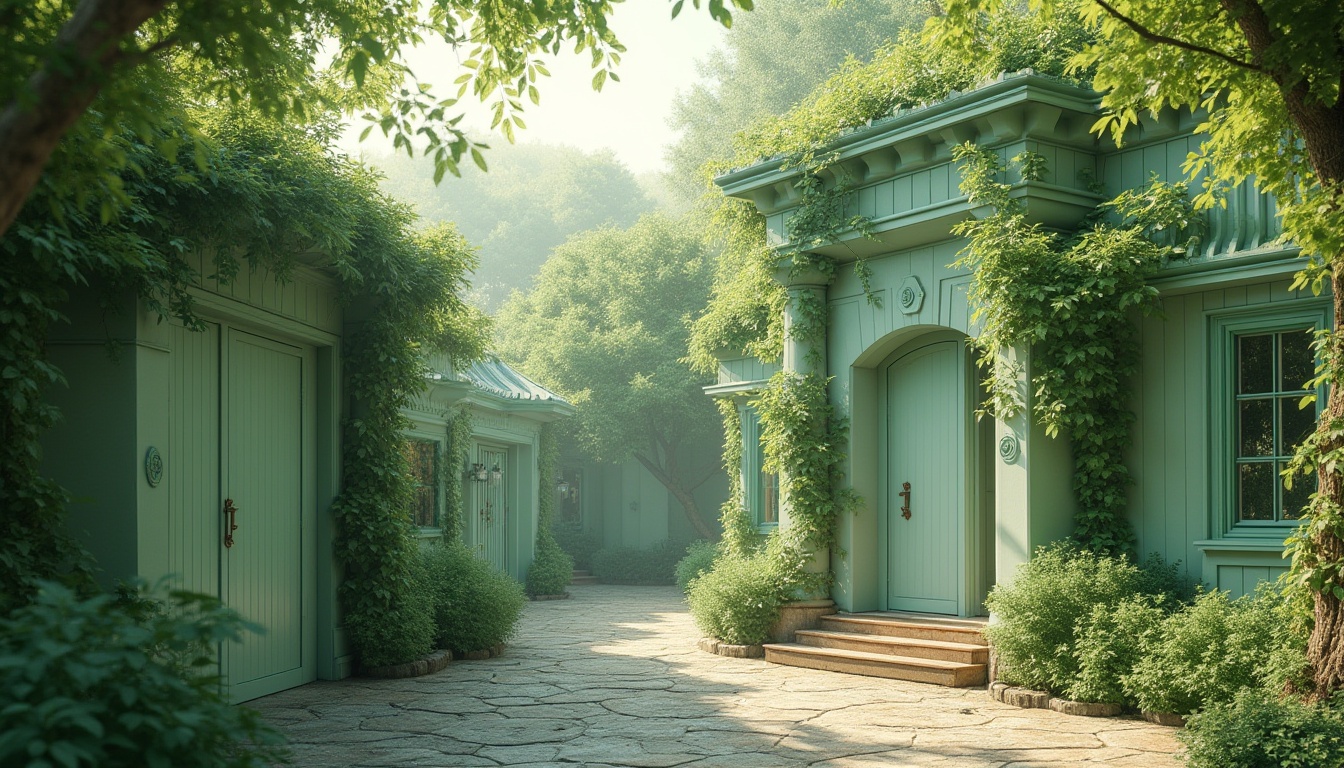 Prompt: Wisteria-inspired green architecture, pastel mint walls, ivy-covered columns, soft sage roofs, delicate fern patterns, natural stone foundations, wooden accents, lush greenery surroundings, misty morning atmosphere, warm sunlight filtering through leaves, gentle breeze rustling foliage, serene composition, 3/4 view, shallow depth of field, vibrant yet calming ambiance.