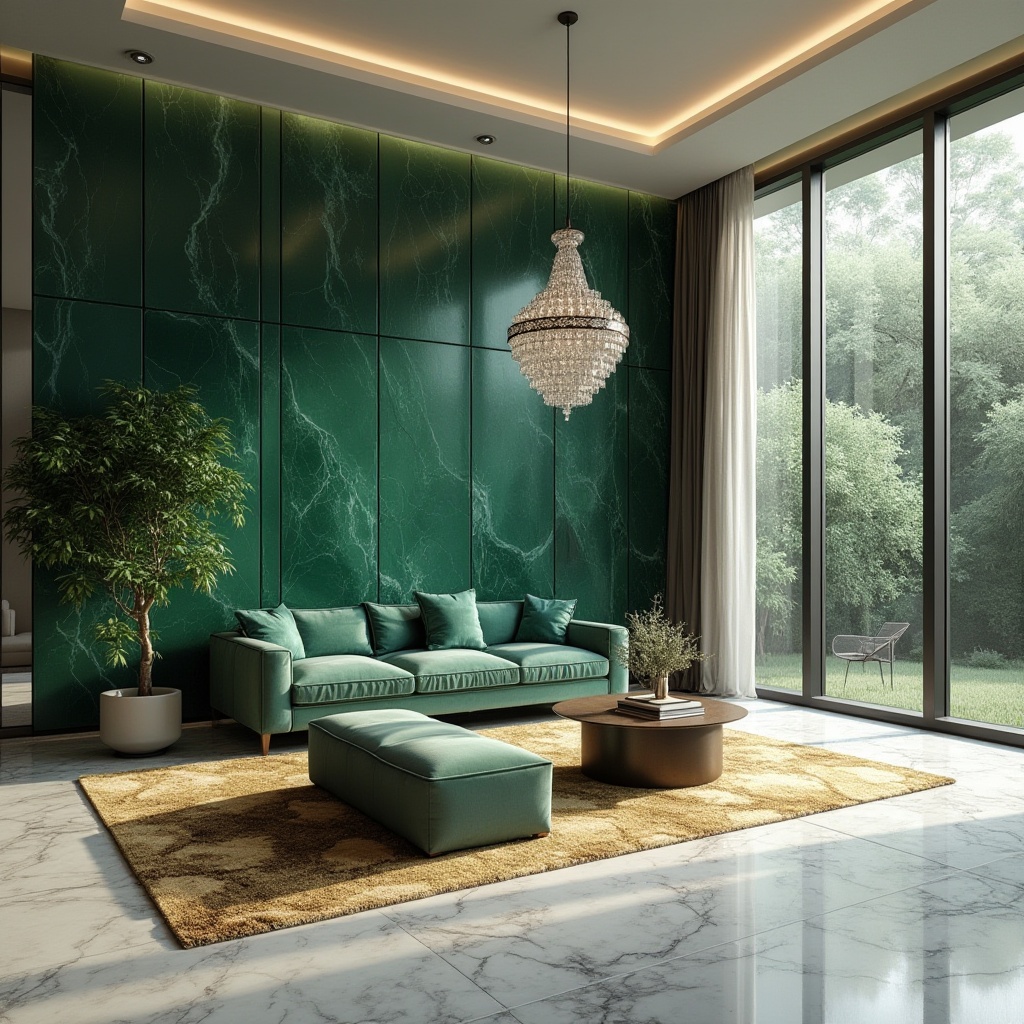 Prompt: Malachite green accent wall, luxurious interior, modern villa, spacious living room, marble floor, sleek lines, minimalist decor, elegant furnishings, velvet sofa, gold leaf patterned rug, crystal chandelier, dramatic ceiling height, natural light pouring in through floor-to-ceiling windows, subtle greenery, ambient warm lighting, cinematic composition, 3/4 view.