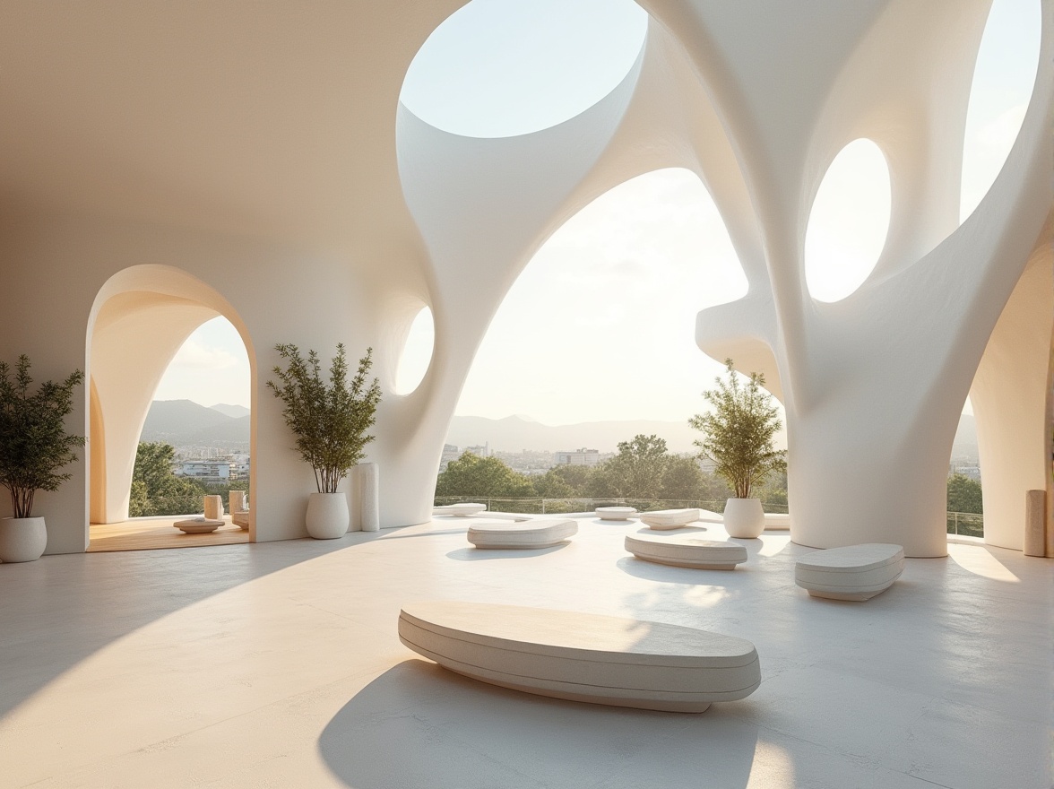 Prompt: Modern pavilion, futuristic design, white plaster walls, smooth texture, curved lines, geometric shapes, minimal ornamentation, transparent glass roof, natural light, indoor plants, wooden floors, sleek benches, abstract sculptures, urban background, cityscape, afternoon sun, soft shadows, 3/4 composition, warm color palette, ambient lighting.