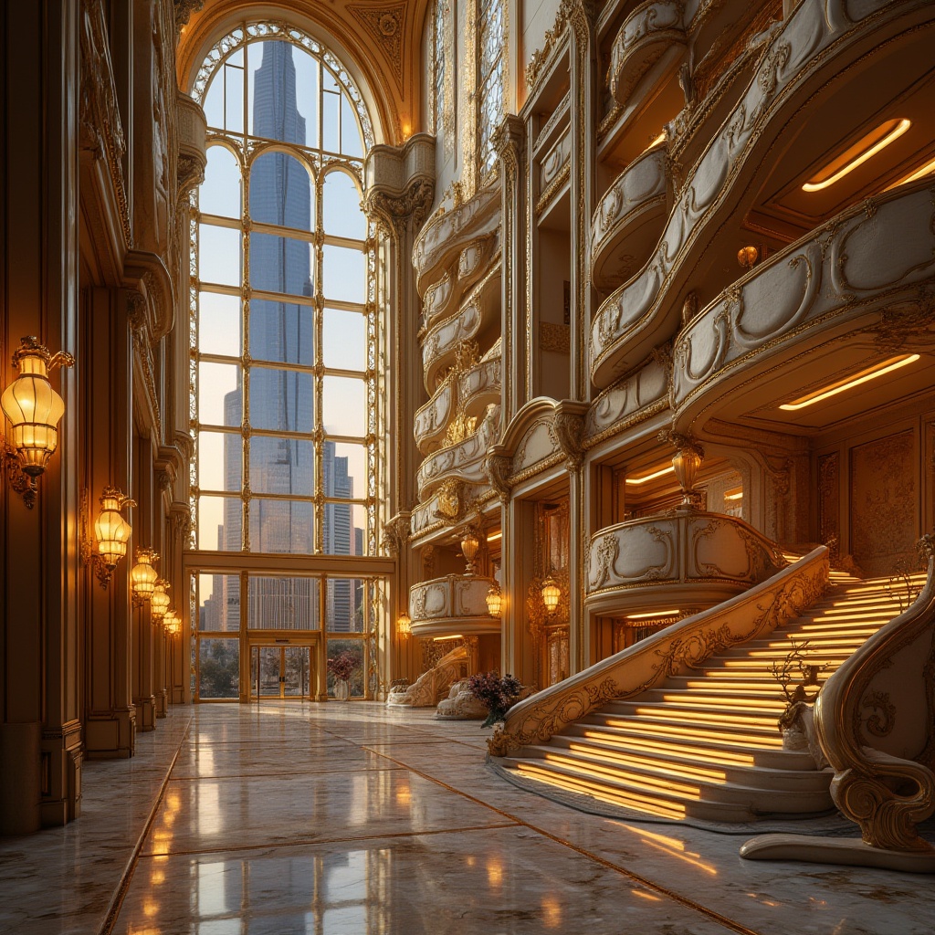 Prompt: Luxurious building, modern skyscraper, golden accents, metallic facade, intricate patterns, ornate details, grand entrance, marble floors, high ceilings, majestic staircase, opulent chandeliers, sunset warm lighting, 3/4 composition, panoramic view, cityscape, metropolitan area, urban landscape, warm ambient light.