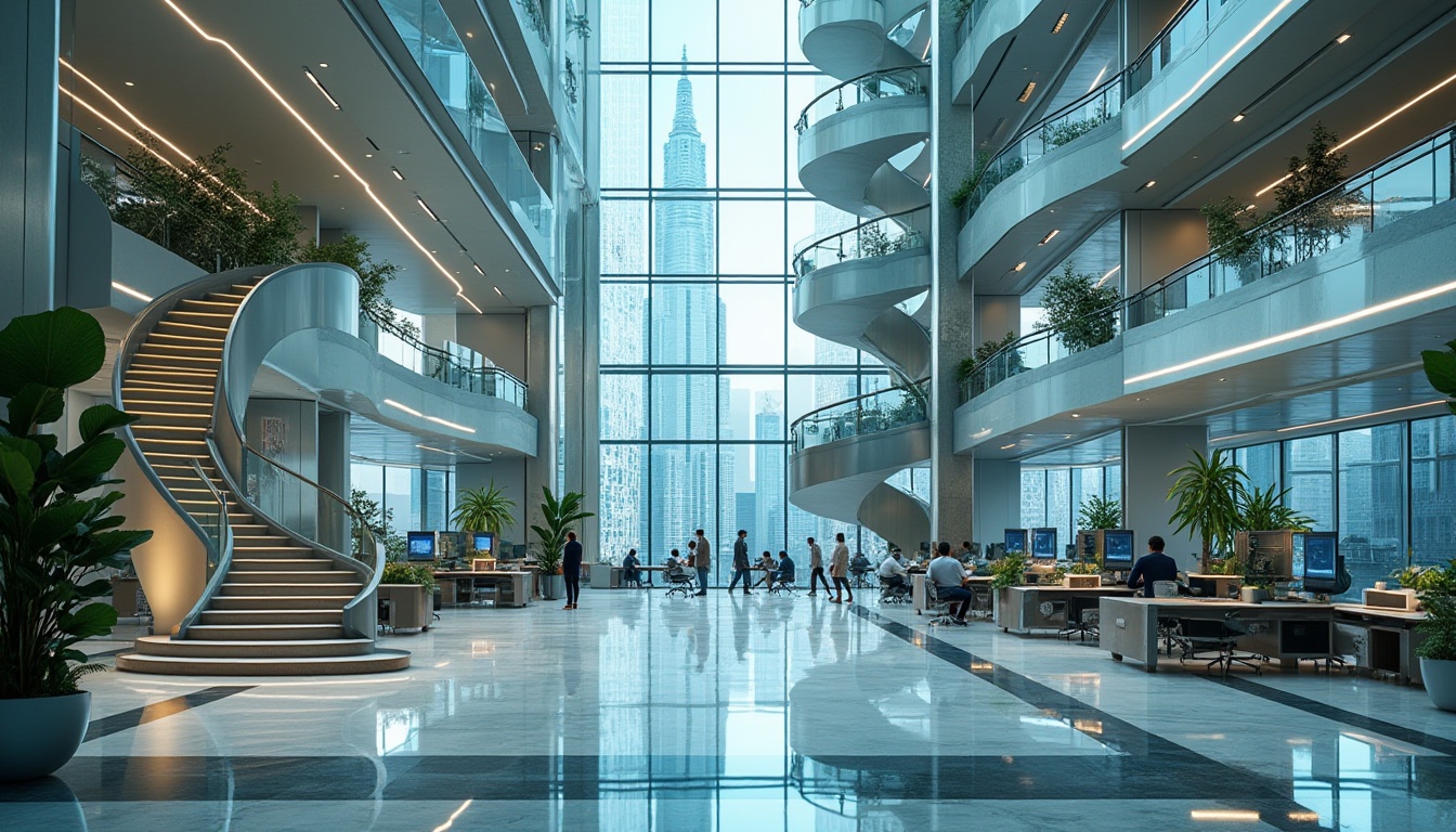 Prompt: Modern office building, high-tech style, sleek glass exterior, silver metallic accents, futuristic LED lights, grand atrium lobby, spiral staircase, minimalist marble floor, green walls with living plants, open-concept workspaces, ergonomic chairs, futuristic computers, holographic projections, virtual reality setups, neon-lit elevator hallways, cityscape view from top floors, busy office atmosphere, daytime natural light, cinematic composition, shallow depth of field.