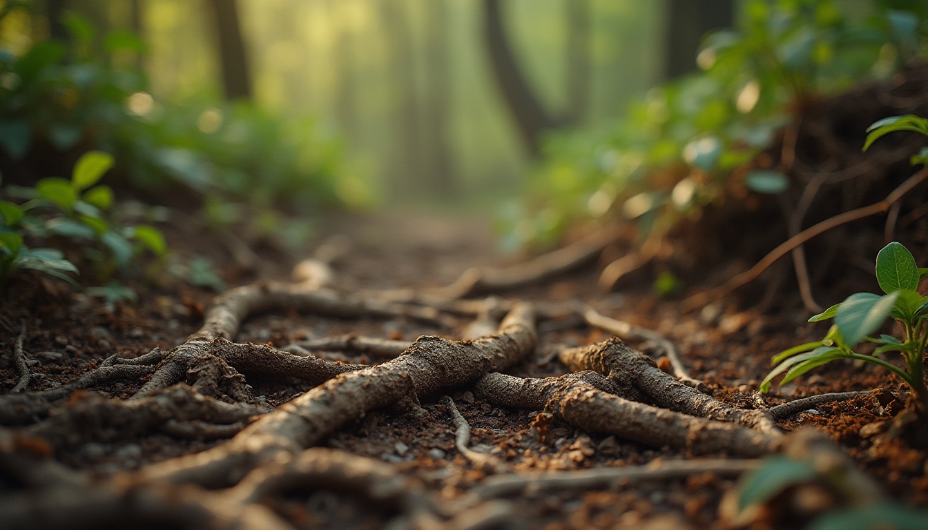 Prompt: Earth-toned muddy texture, natural organic patterns, irregular shape, rough surface, weathered effect, outdoor scenery, forest floor, tree roots, wild plants, misty atmosphere, warm soft lighting, shallow depth of field, cinematic composition, realistic details, 3/4 view.