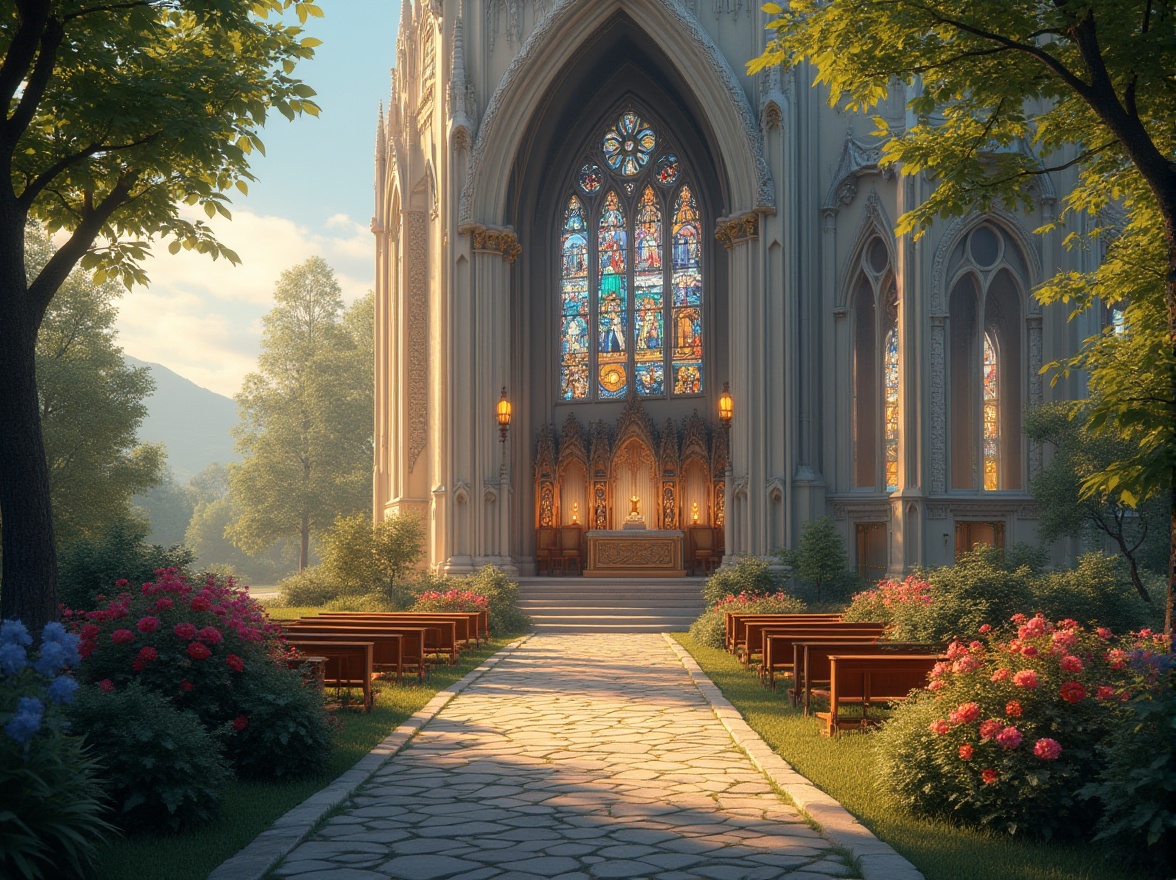 Prompt: Periwinkle church, grand cathedral, stunning stained glass windows, intricate stone carvings, dramatic vaulted ceilings, ornate pews, majestic altar, soft periwinkle hue walls, warm golden lighting, morning sunbeams streaming through windows, peaceful atmosphere, lush greenery surrounding the building, blooming flowers in vibrant colors, cobblestone pathways leading to the entrance, distant mountains creating a serene backdrop, 3/4 composition, cinematic depth of field, ambient light, soft focus on architectural details.