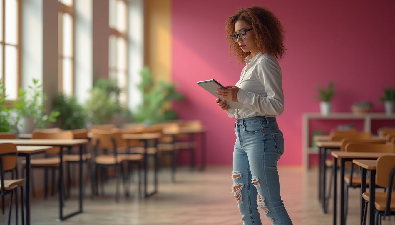 Prompt: Vibrant educational space, magenta accent walls, modern minimalist furniture, ergonomic chairs, wooden desks, green plants, natural light pouring in through large windows, solo female student, 20yo, casual outfit, ripped jeans, white sneakers, black glasses, curly brown hair, focused expression, holding a tablet, taking notes, warm lighting, shallow depth of field, 3/4 composition, realistic rendering.