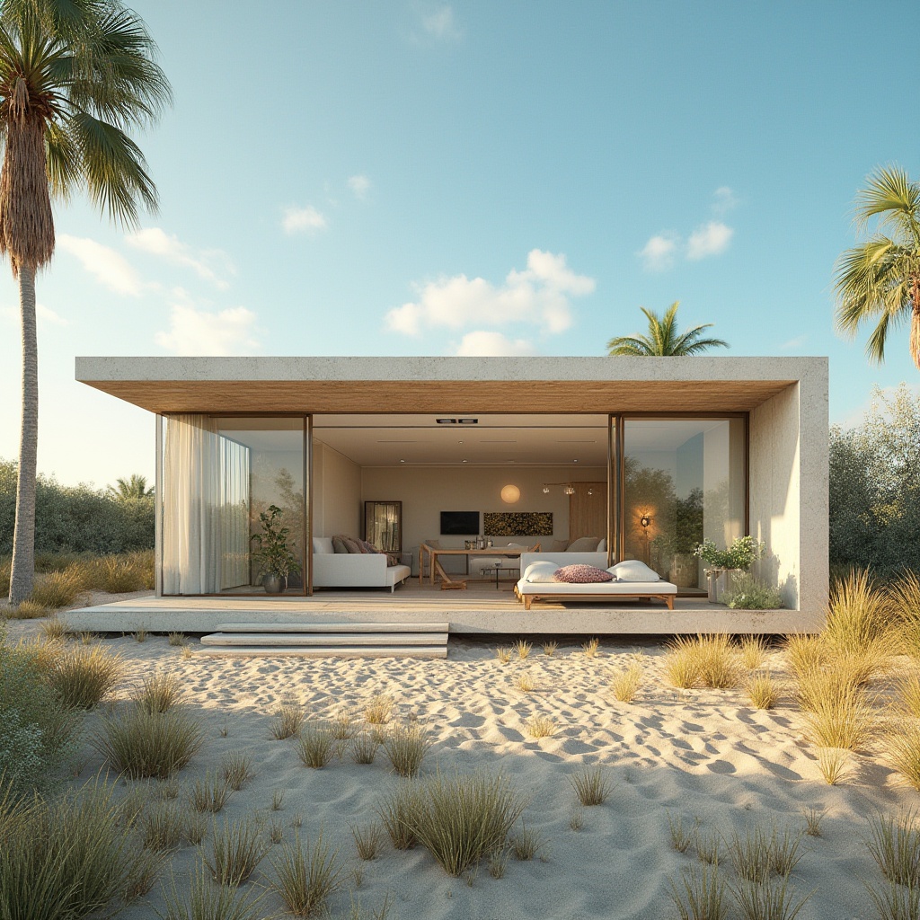 Prompt: Beach home, modern coastal villa, eco-friendly architecture, large windows, sliding glass doors, natural ventilation, solar panels, recycled materials, bamboo flooring, reclaimed wood accents, minimalist decor, ocean-inspired color palette, calming atmosphere, beachy vibes, sandy dunes, sea oats, palm trees, sunny day, clear blue sky, gentle breeze, 3/4 composition, warm lighting, cinematic mood.