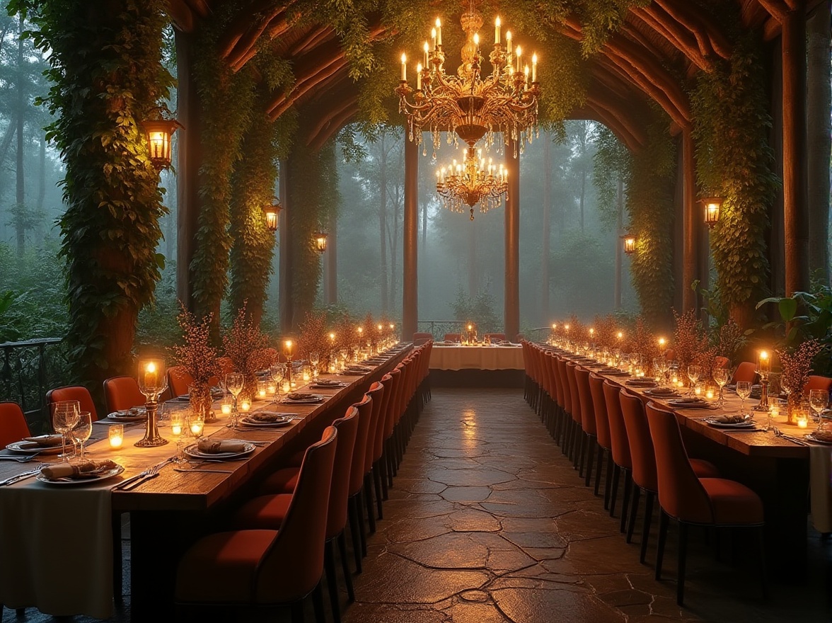 Prompt: Forest-inspired dining hall, grand chandelier, wooden tables, velvet chairs, linen tablecloths, candle centerpieces, lush greenery walls, tall trees, twinkling string lights, misty atmosphere, morning dew, soft warm lighting, rustic wood accents, natural stone flooring, earthy tones, cozy ambiance, intimate seating, overhead lanterns, wooden beams, nature-inspired decorations, serene forest sounds, subtle aroma of fresh wood and soil.