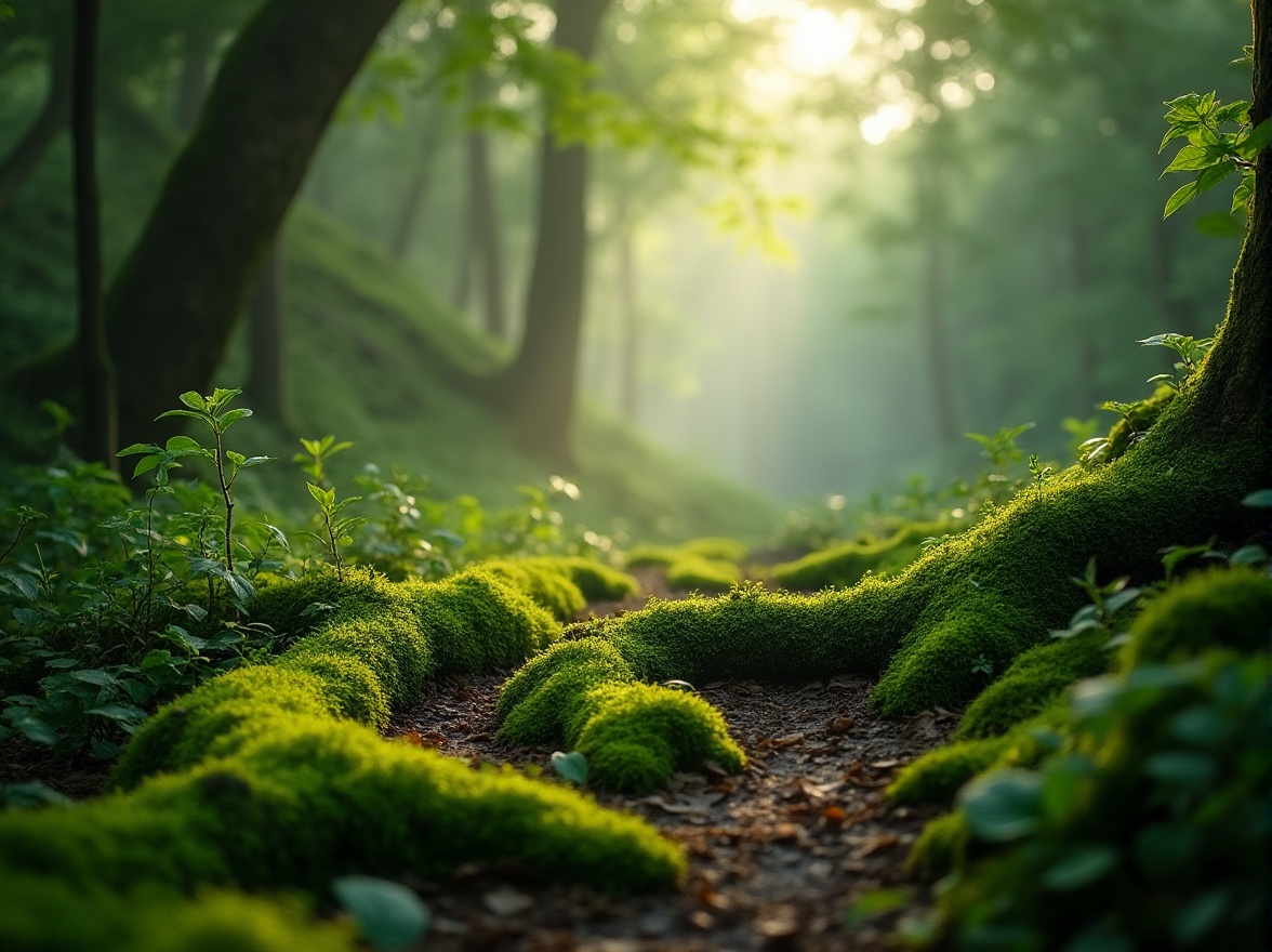 Prompt: Moss green, calming ambiance, serene natural scenery, lush vegetation, forest floor, dense foliage, soft mist, warm sunlight filtering through trees, peaceful atmosphere, subtle texture, earthy tone, moss-covered stones, twisted tree roots, gentle slope, misty morning, cinematic composition, shallow depth of field, vibrant color palette.