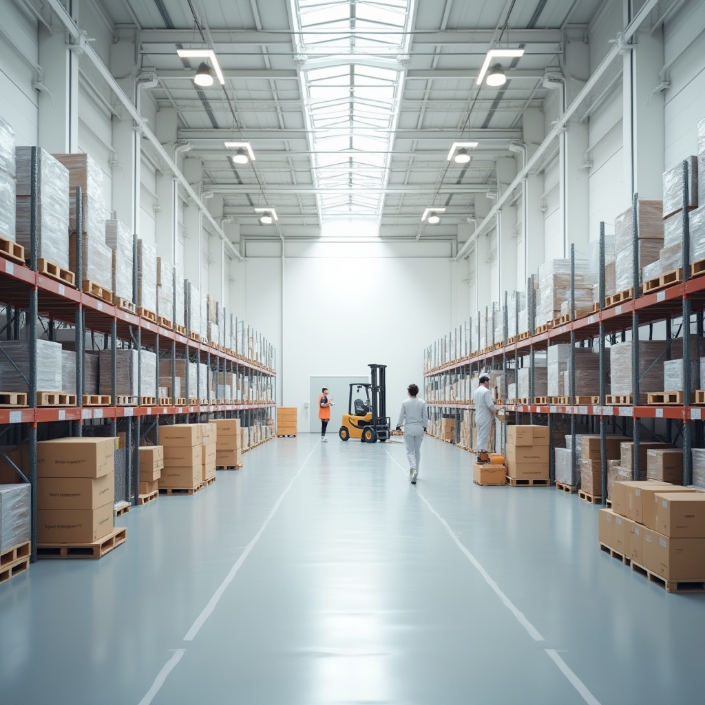 Prompt: Distribution center, warehouse interior, white walls, ceilings, and floors, clean and minimalist aesthetic, industrial shelving units, metal crates, boxes stacked high, forklifts and pallet jacks, employees in white uniforms, gloves, and safety vests, natural light pouring through skylights, overhead lighting with soft shadows, 3/4 composition, shallow depth of field, modern and sleek atmosphere, bright and airy ambiance.