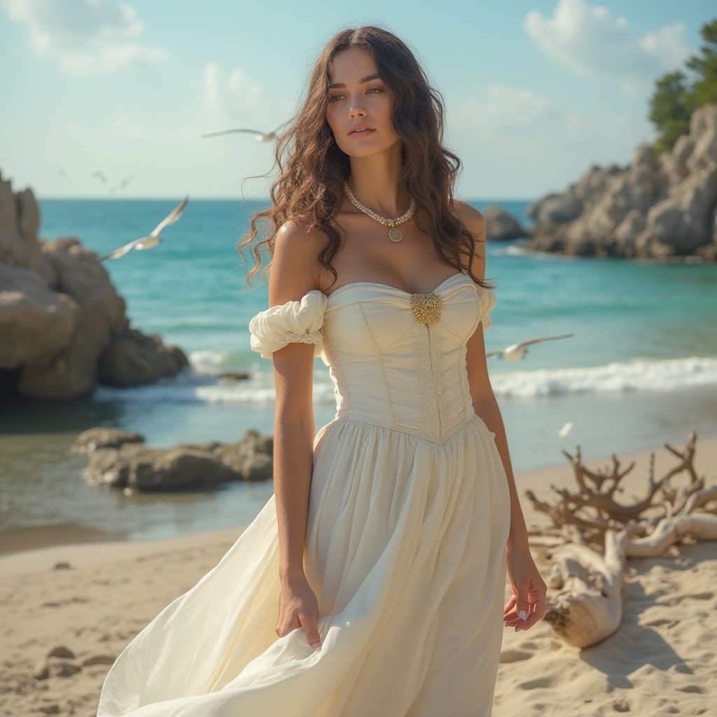 Prompt: Elegant lady, Renaissance style, coastal scenery, solo, (25yo), curly brown hair, soft wavy makeup, pearl necklace, white corset dress, golden brooch, flowing silk skirt, high heels, parasol, standing, beach, Italian villa, Mediterranean sea, rocky shores, driftwood, seagulls flying, warm sunny day, soft ocean breeze, cinematic lighting, 3/4 composition, subtle texture, intricate details.