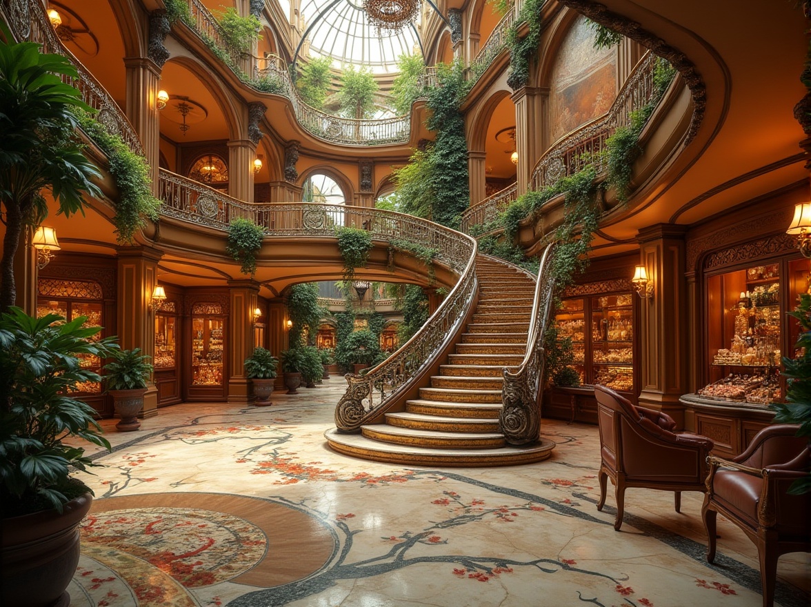 Prompt: Art Nouveau shopping center, luxurious interior, grand staircase, bronze color accents, ornate metalwork, curved lines, organic forms, elegant chandeliers, marble floors, intricate mosaics, lush greenery, flower-patterned rugs, velvet drapes, warm golden lighting, soft focus, atmospheric perspective, symmetrical composition, opulent atmosphere, vintage flair.