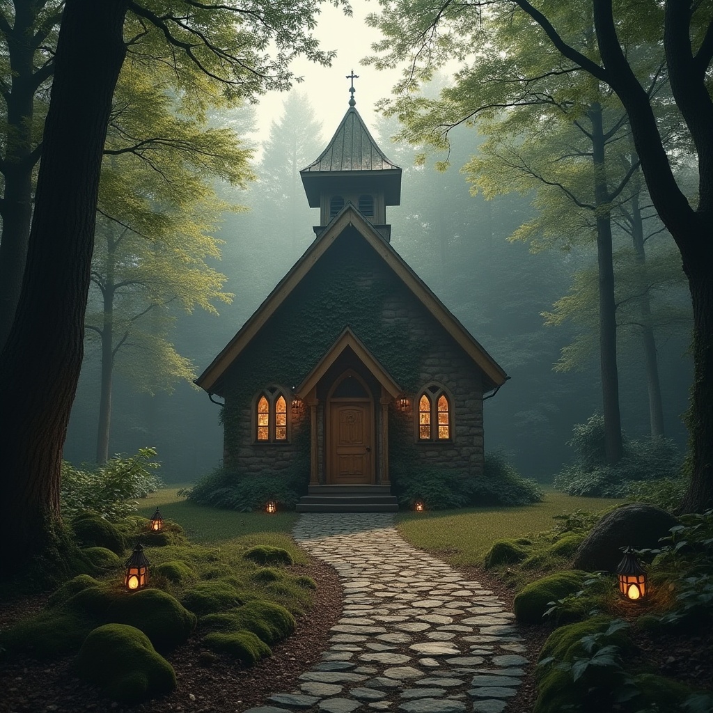 Prompt: Rustic church, forest setting, wooden structure, stone walls, stained glass windows, ivy-covered facade, bell tower, tree branches overhead, sunlight filtering through leaves, misty atmosphere, fog rolling in, peaceful ambiance, serene composition, warm lighting, natural materials, earthy tones, moss-covered stones, winding path leading to entrance, lanterns lining the path, subtle glow, misty morning, cinematic depth of field.