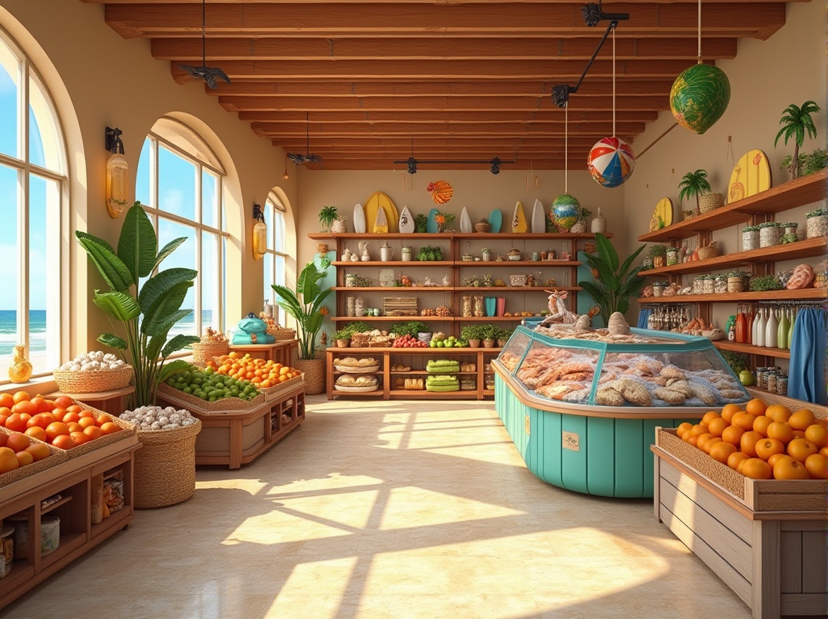 Prompt: Beach-themed grocery store, interior design, warm sandy color scheme, surfboard-inspired shelves, palm tree-shaped displays, woven wicker baskets, ocean-blue glass containers, seashell-adorned decorations, driftwood- patterned flooring, beach balls and inflatables hanging from ceiling, tropical fruit stands, colorful beach towels draped over racks, refreshing seafood counter with ice sculpture, sunny window lighting, 3/4 composition, shallow depth of field.