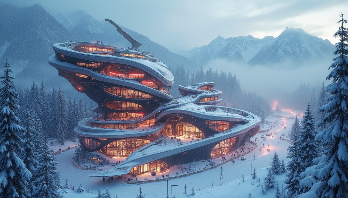 Prompt: Ski center, Expressionism style, futuristic, avant-garde, irregular shape, dynamic curves, bold color scheme, neon lights, metallic materials, glass façade, abstract patterns, fragmented structures, cantilevered roofs, angular lines, ski lifts, snow-capped mountains, misty atmosphere, foggy morning, warm lighting, cinematic composition, 3/4 view, low-angle shot, atmospheric perspective.