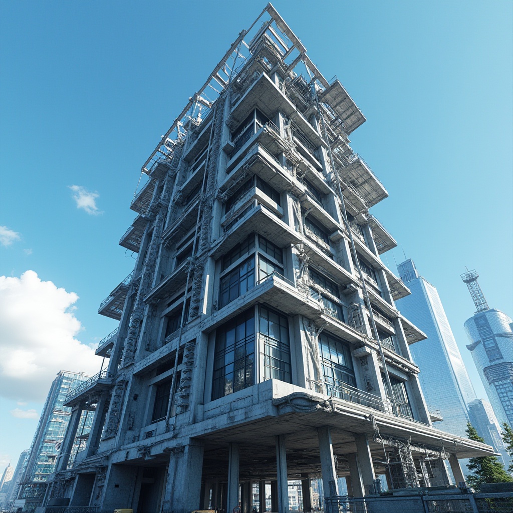 Prompt: Modern architecture, steel-framed building, skyscraper, urban cityscape, daytime, clear blue sky, few white clouds, glass windows, metal beams, concrete foundation, intricate structure, detailed texture, industrial materials, minimalist aesthetic, 3/4 composition, wide-angle lens, high-contrast lighting, dramatic shadows.