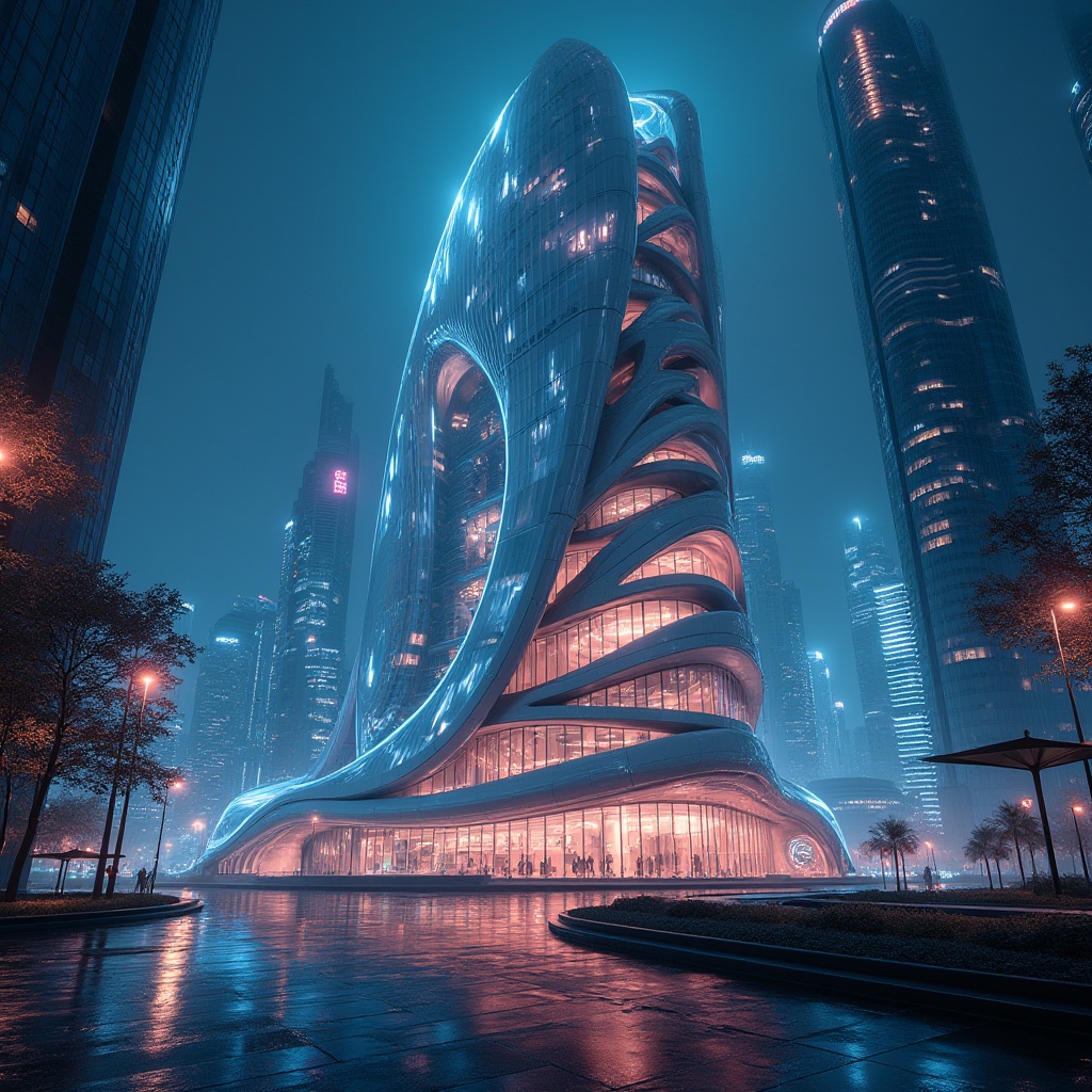 Prompt: Futuristic architecture, innovative use of fiberglass, modern design, sleek lines, curved shapes, transparent materials, reflective surfaces, urban cityscape, skyscraper, night scene, neon lights, colorful LED lights, futuristic atmosphere, 3/4 composition, low-angle shot, dramatic lighting, cinematic mood, high-tech details.