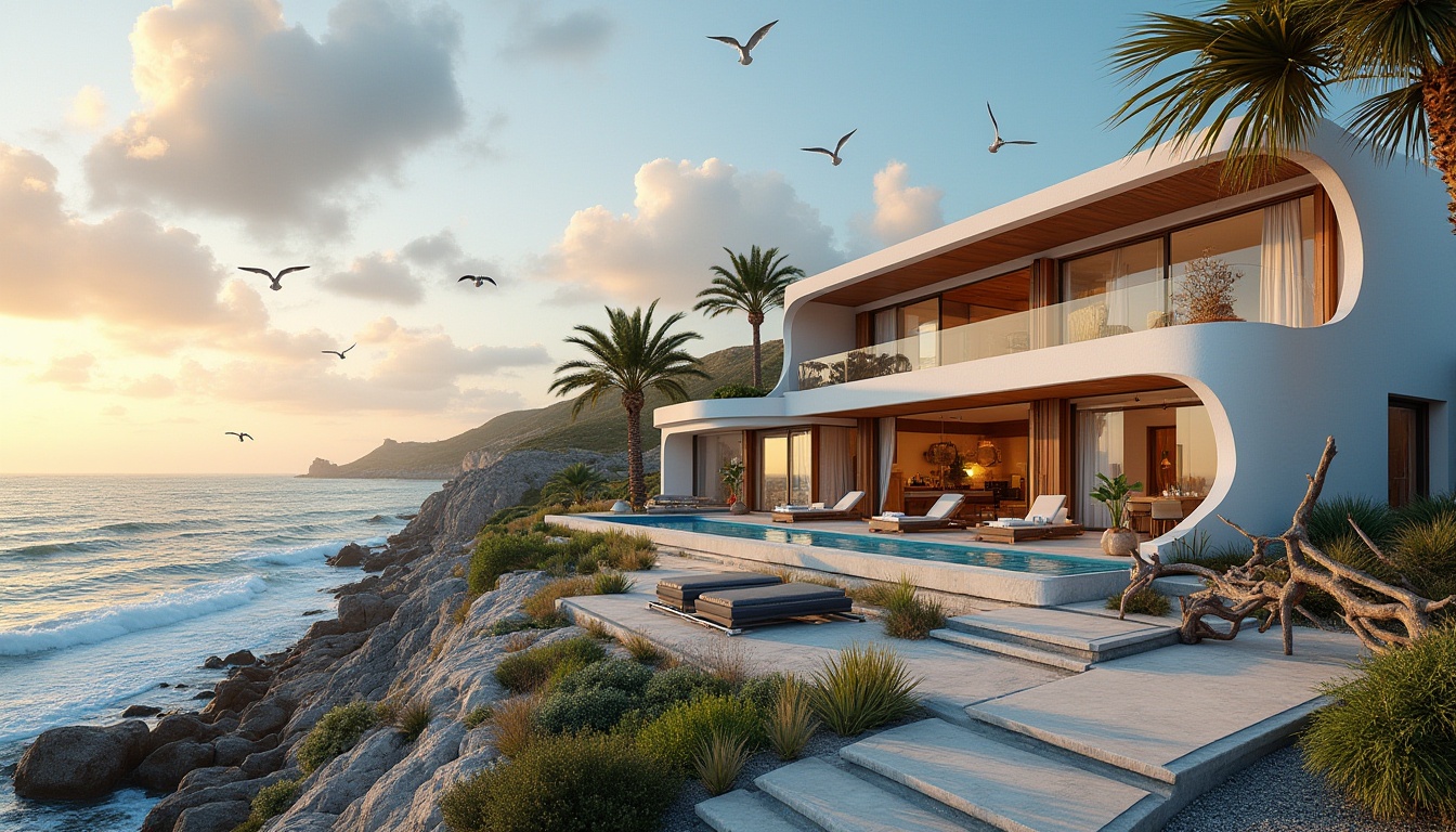 Prompt: Coastal villa, modern-traditional fusion, white stucco walls, curved lines, large windows, sliding glass doors, wooden accents, nautical rope details, ocean blue shutters, terracotta roof tiles, lush greenery, palm trees, beachy dunes, seagulls flying overhead, warm sunset lighting, dramatic cloud formations, rocky coastline, gentle waves crashing, pebble stone pathway, driftwood decorative elements, natural textures, earthy tones, serene ambiance, 3/4 composition, soft focus on background, cinematic mood.