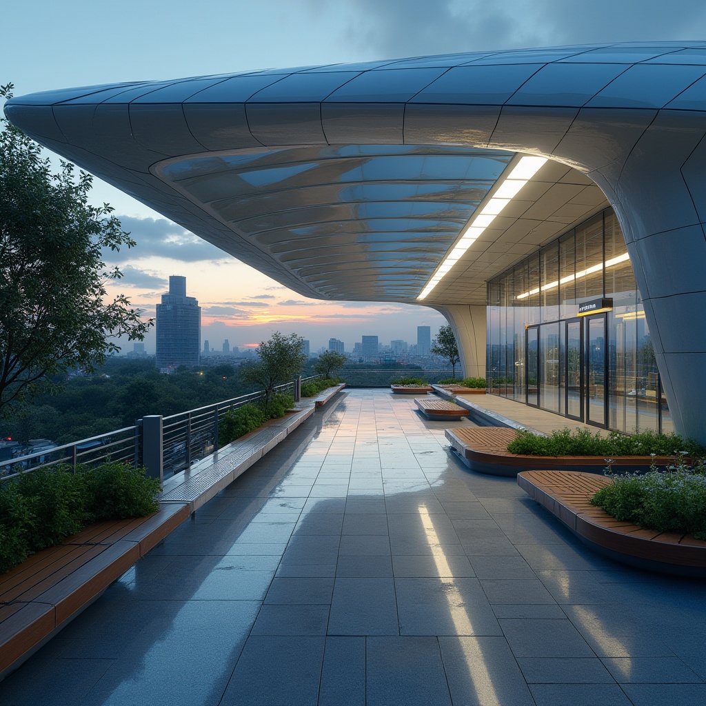 Prompt: Futuristic bus station, sleek, modern architecture, cantilevered roof, geometric patterns, LED lighting, glass walls, minimalist benches, digital displays, automated ticketing systems, wheelchair accessibility ramps, green roofs, urban jungle, cityscape, evening scene, warm ambient lighting, cinematic composition, 3/4 view, shallow depth of field.